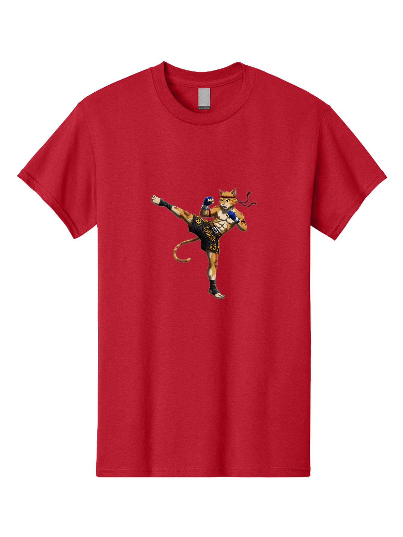 Muay-Thai-Cat-9 Men'S Graphic Tee, 100% Cotton, Comfortable Casual Summer Wear, Machine Washable, Anthropomorphic Cat, Muay Thai Fighter, Kicking Pose, Martial Arts, Combat Sports, Cat Character, Fighting Stance, Cartoon Style, Bae558