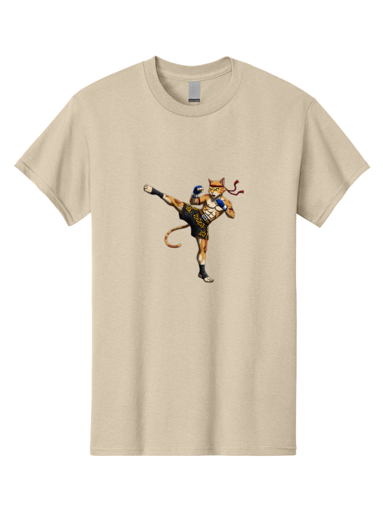 Muay-Thai-Cat-9 Men'S Graphic Tee, 100% Cotton, Comfortable Casual Summer Wear, Machine Washable, Anthropomorphic Cat, Muay Thai Fighter, Kicking Pose, Martial Arts, Combat Sports, Cat Character, Fighting Stance, Cartoon Style, Bae558