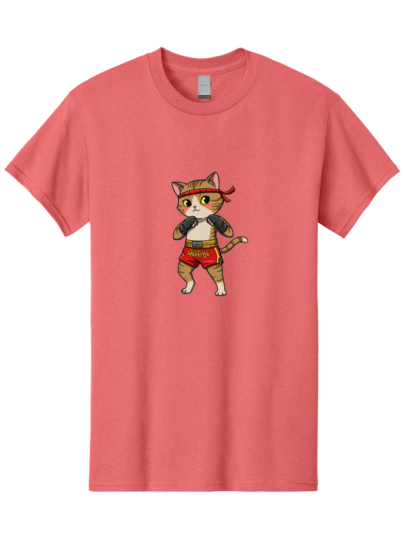 Muay-Thai-Cat Men'S Graphic Tee, 100% Cotton, Comfortable Casual Summer Wear, Machine Washable, Cartoon Cat, Muay Thai Fighter, Martial Arts, Boxing Gloves, Red Shorts, Yellow Accents, Fighting Stance, Adorable Illustration, Kawaii, Cute Cat, Bae559