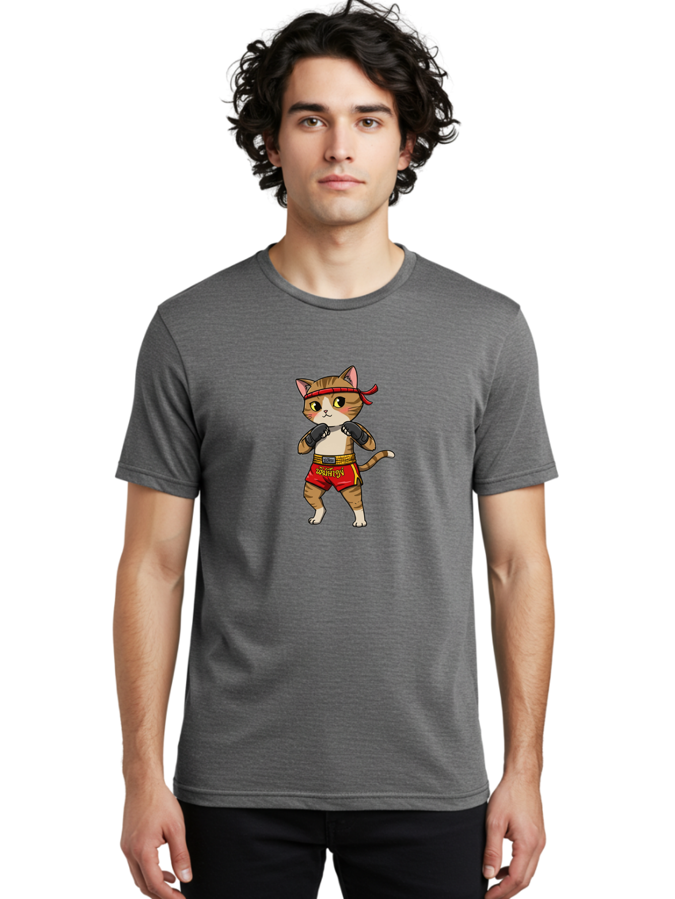 Muay-Thai-Cat Men'S Graphic Tee, 100% Cotton, Comfortable Casual Summer Wear, Machine Washable, Cartoon Cat, Muay Thai Fighter, Martial Arts, Boxing Gloves, Red Shorts, Yellow Accents, Fighting Stance, Adorable Illustration, Kawaii, Cute Cat, Bae559