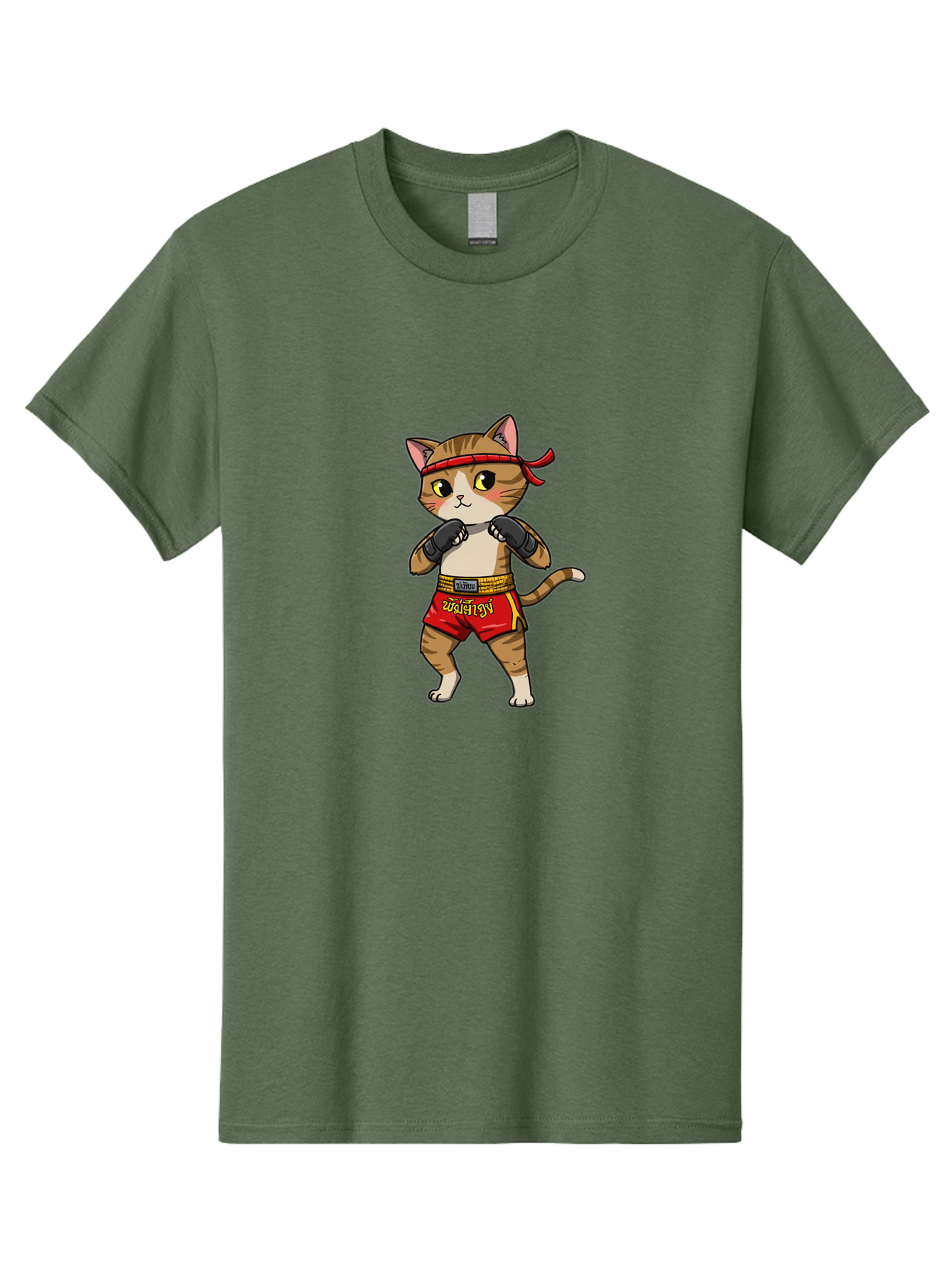 Muay-Thai-Cat Men'S Graphic Tee, 100% Cotton, Comfortable Casual Summer Wear, Machine Washable, Cartoon Cat, Muay Thai Fighter, Martial Arts, Boxing Gloves, Red Shorts, Yellow Accents, Fighting Stance, Adorable Illustration, Kawaii, Cute Cat, Bae559