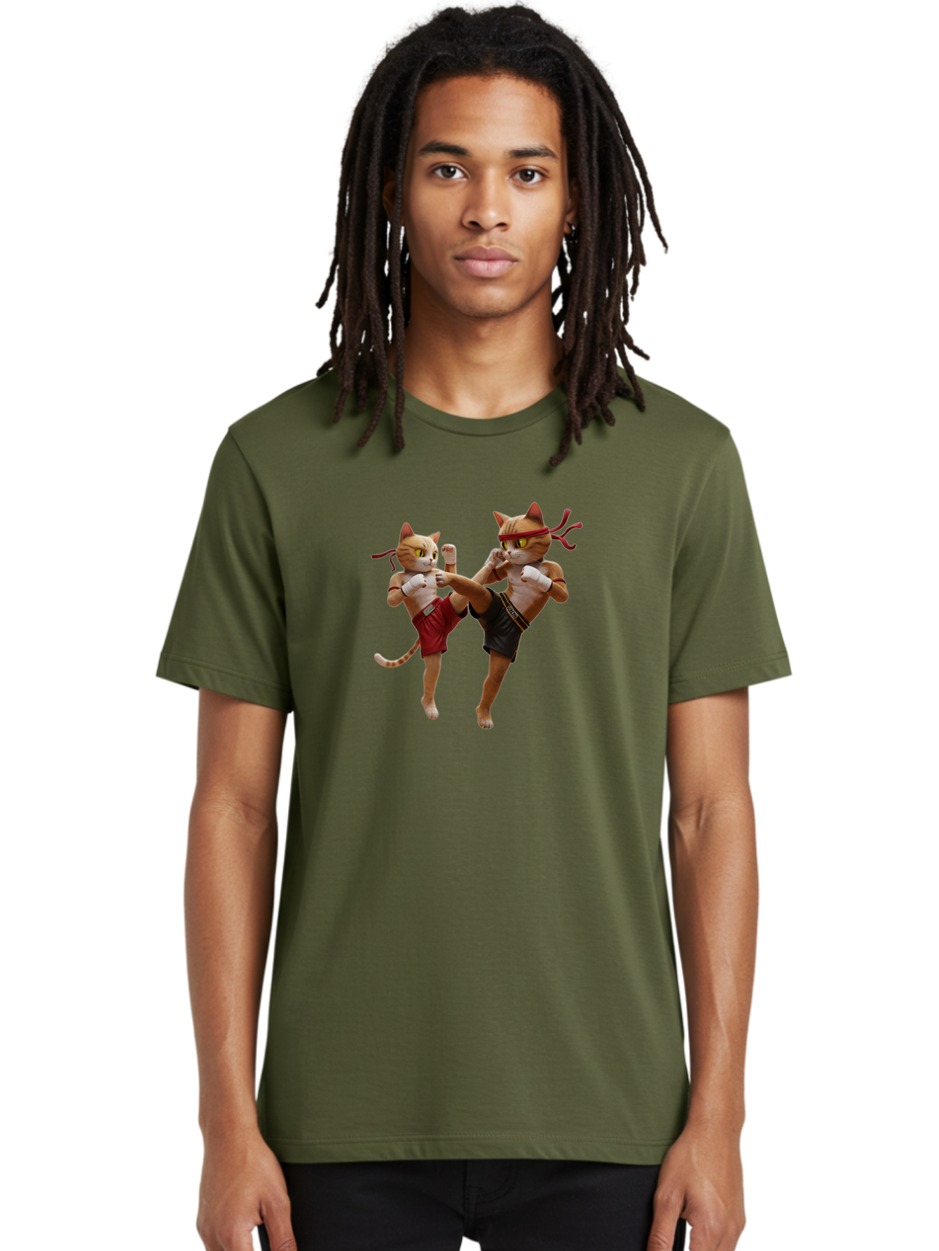 Muay-Thai-Cats Men'S Graphic Tee, 100% Cotton, Comfortable Casual Summer Wear, Machine Washable, Cartoon Cats Fighting, Martial Arts, Muay Thai, Boxing Cats, Anthropomorphic Cats, Action Pose, Dynamic Scene, Funny Cats, Cat Fight, Bae560