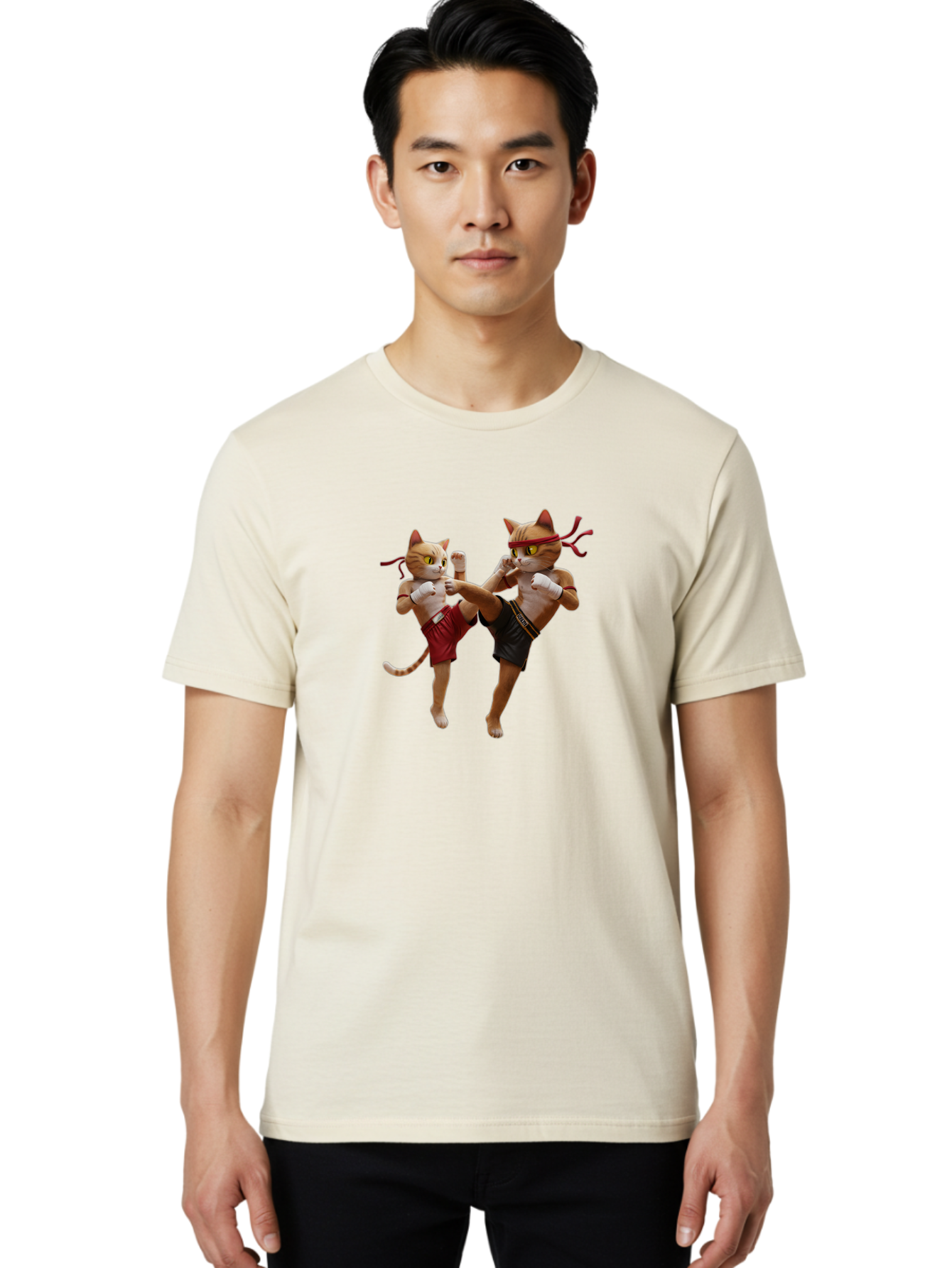 Muay-Thai-Cats Men'S Graphic Tee, 100% Cotton, Comfortable Casual Summer Wear, Machine Washable, Cartoon Cats Fighting, Martial Arts, Muay Thai, Boxing Cats, Anthropomorphic Cats, Action Pose, Dynamic Scene, Funny Cats, Cat Fight, Bae560