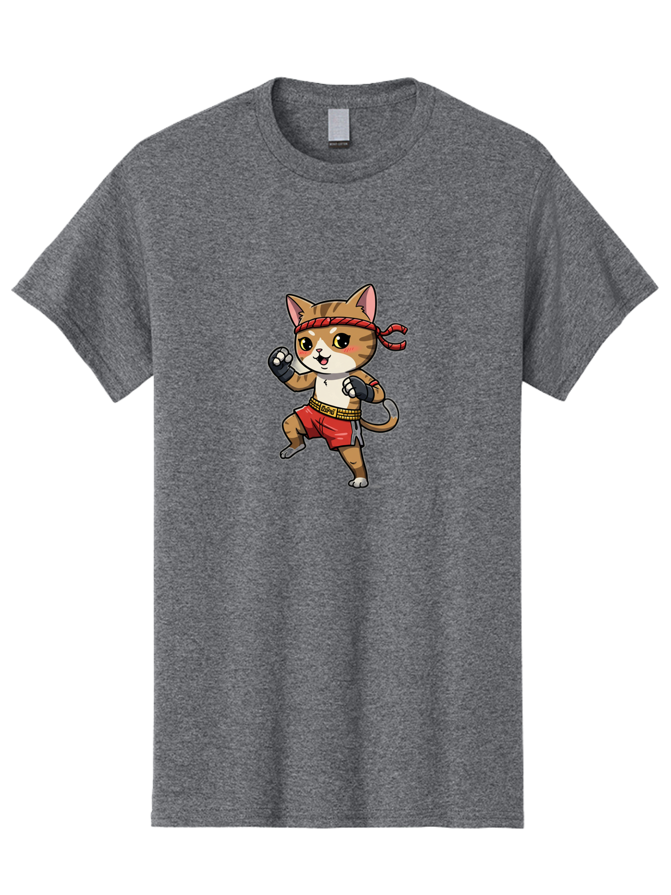 Muay-Thai-Kitten Men'S Graphic Tee, 100% Cotton, Comfortable Casual Summer Wear, Machine Washable, Cartoon Cat, Muay Thai Fighter, Martial Arts, Fighting Stance, Red Headband, Red Boxing Shorts, Black Gloves, Cute Expression, Bae562