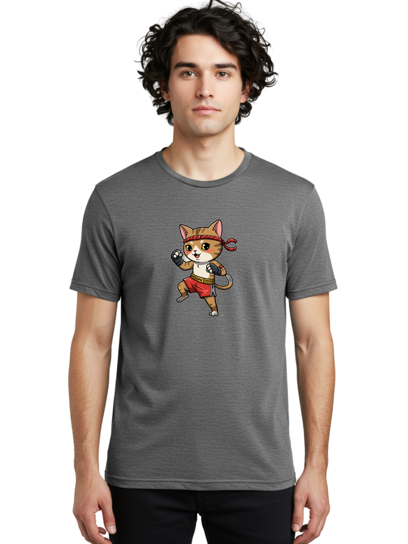 Muay-Thai-Kitten Men'S Graphic Tee, 100% Cotton, Comfortable Casual Summer Wear, Machine Washable, Cartoon Cat, Muay Thai Fighter, Martial Arts, Fighting Stance, Red Headband, Red Boxing Shorts, Black Gloves, Cute Expression, Bae562