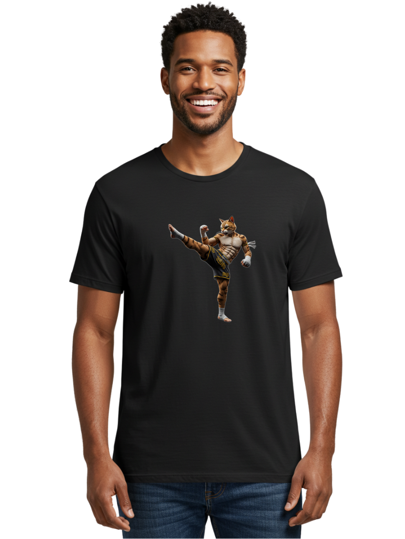 Muay-Thai-Tiger Men'S Graphic Tee, 100% Cotton, Comfortable Casual Summer Wear, Machine Washable, Cat Man In Kickboxing Pose, Muay Thai Fighter, Martial Arts, Kickboxing Stance, Action Figure, Cartoon Character, Humorous Illustration, Bae563