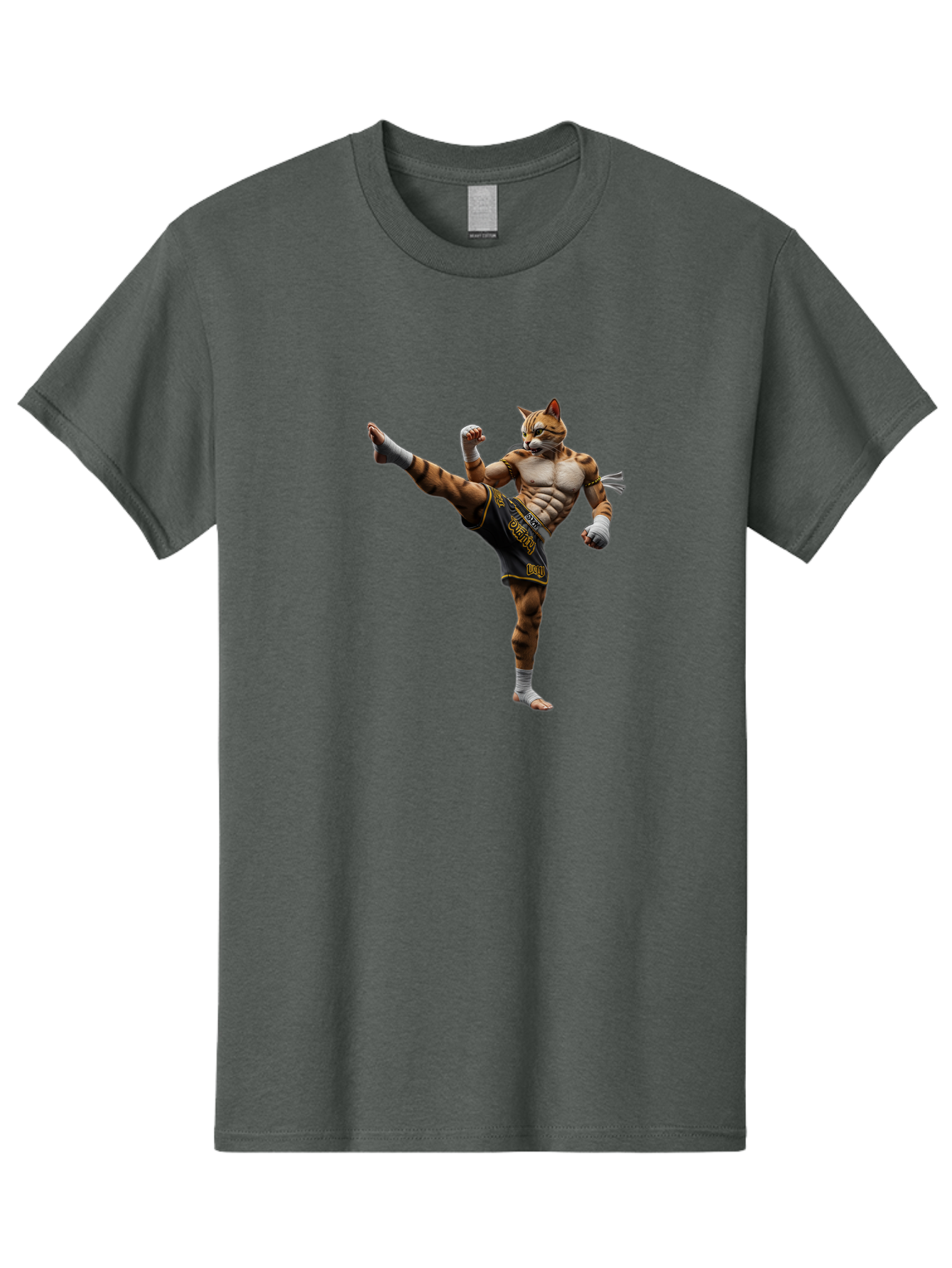 Muay-Thai-Tiger Men'S Graphic Tee, 100% Cotton, Comfortable Casual Summer Wear, Machine Washable, Cat Man In Kickboxing Pose, Muay Thai Fighter, Martial Arts, Kickboxing Stance, Action Figure, Cartoon Character, Humorous Illustration, Bae563