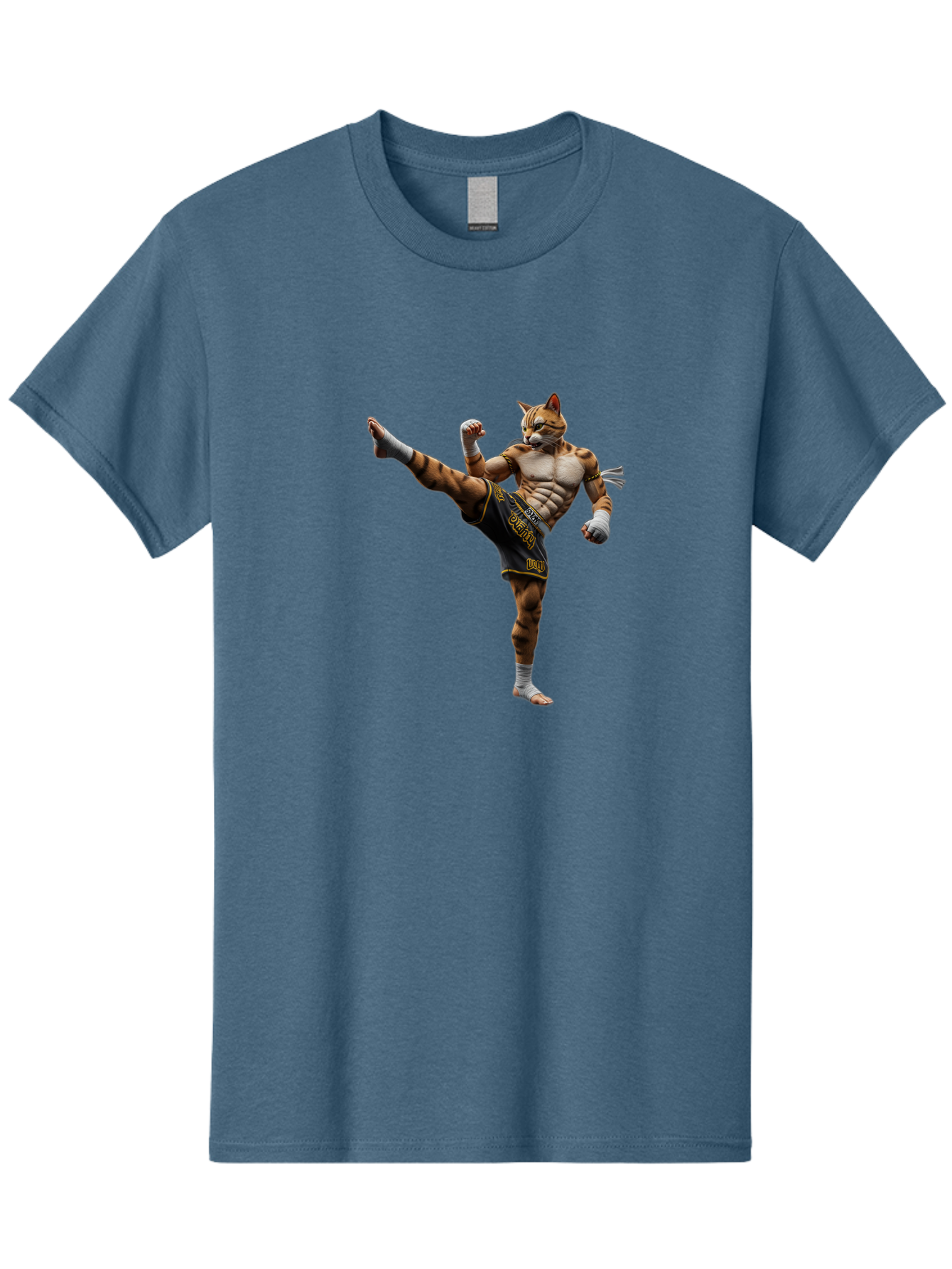Muay-Thai-Tiger Men'S Graphic Tee, 100% Cotton, Comfortable Casual Summer Wear, Machine Washable, Cat Man In Kickboxing Pose, Muay Thai Fighter, Martial Arts, Kickboxing Stance, Action Figure, Cartoon Character, Humorous Illustration, Bae563