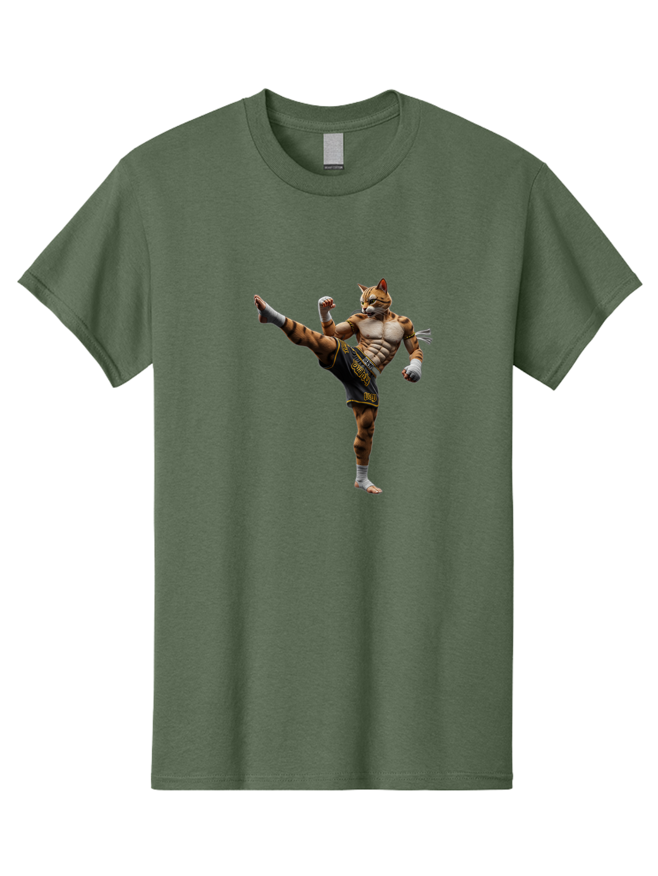 Muay-Thai-Tiger Men'S Graphic Tee, 100% Cotton, Comfortable Casual Summer Wear, Machine Washable, Cat Man In Kickboxing Pose, Muay Thai Fighter, Martial Arts, Kickboxing Stance, Action Figure, Cartoon Character, Humorous Illustration, Bae563