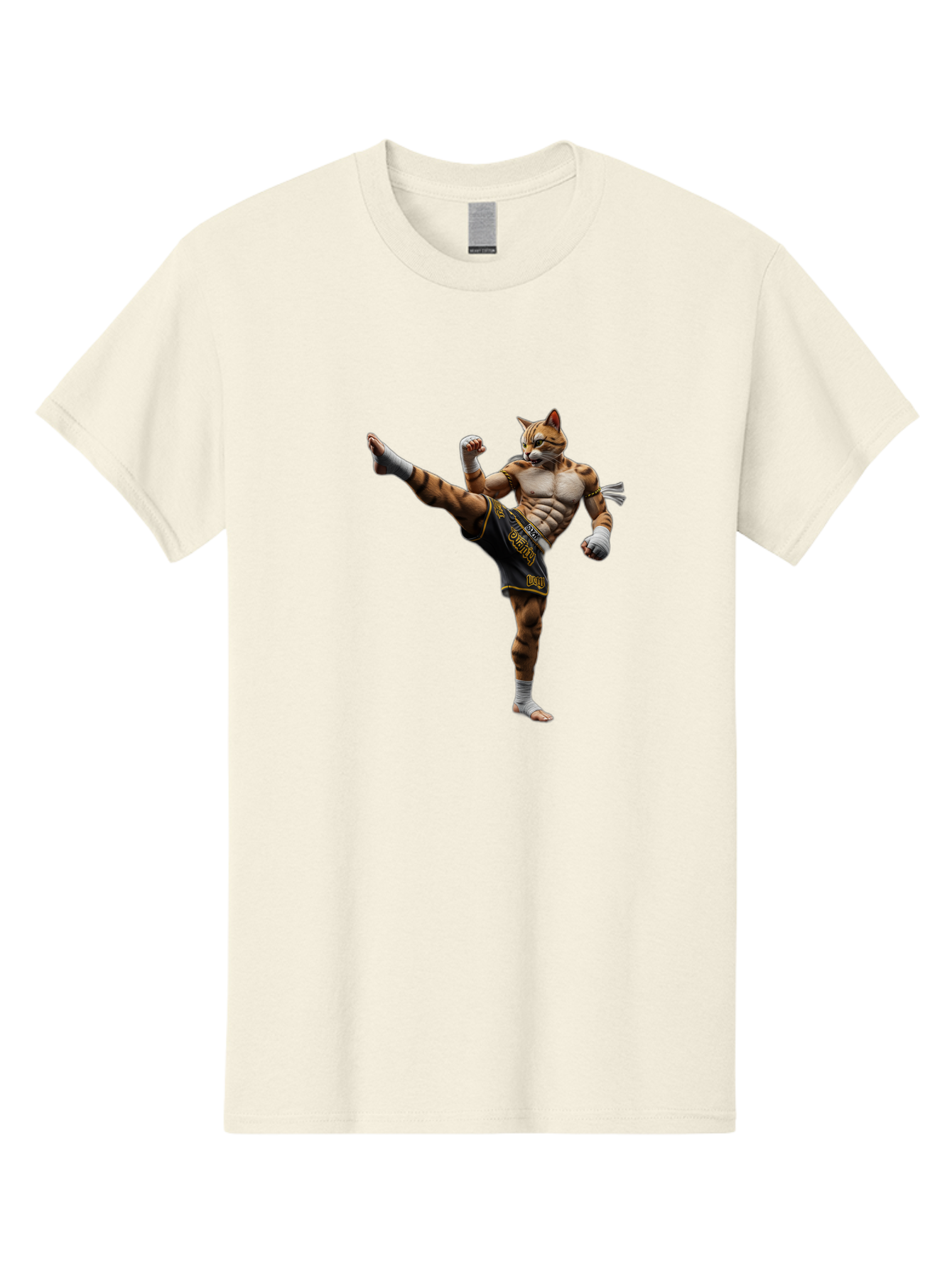 Muay-Thai-Tiger Men'S Graphic Tee, 100% Cotton, Comfortable Casual Summer Wear, Machine Washable, Cat Man In Kickboxing Pose, Muay Thai Fighter, Martial Arts, Kickboxing Stance, Action Figure, Cartoon Character, Humorous Illustration, Bae563