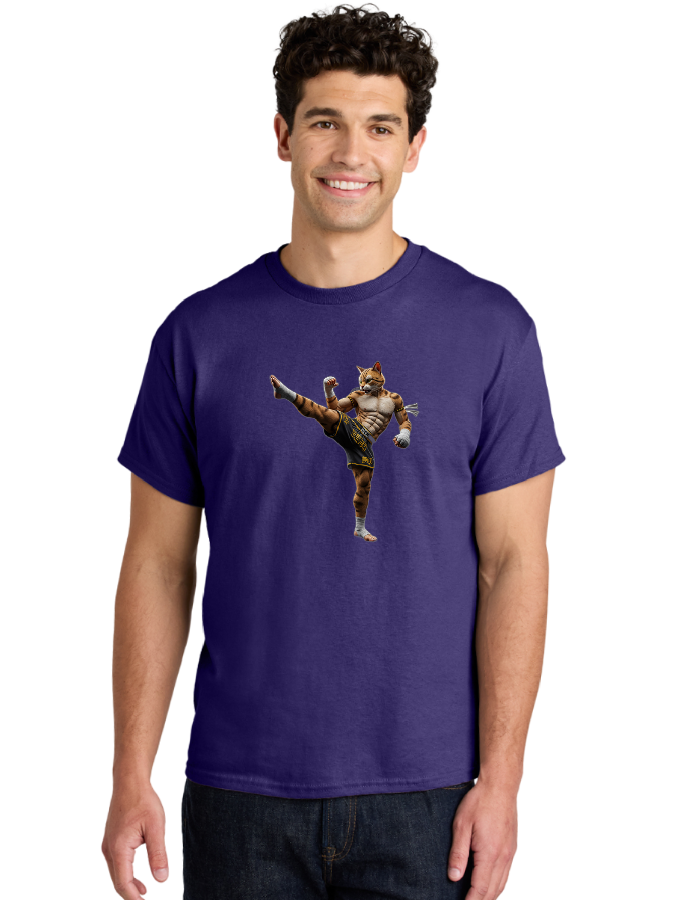 Muay-Thai-Tiger Men'S Graphic Tee, 100% Cotton, Comfortable Casual Summer Wear, Machine Washable, Cat Man In Kickboxing Pose, Muay Thai Fighter, Martial Arts, Kickboxing Stance, Action Figure, Cartoon Character, Humorous Illustration, Bae563