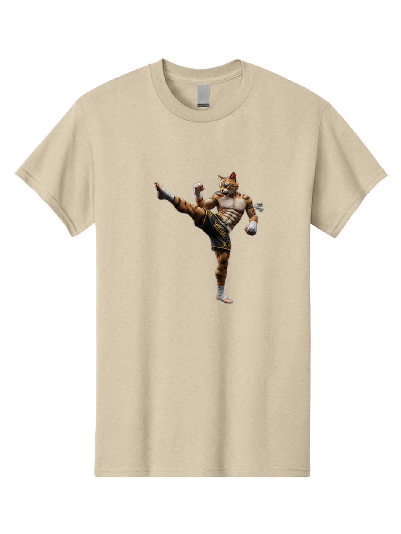 Muay-Thai-Tiger Men'S Graphic Tee, 100% Cotton, Comfortable Casual Summer Wear, Machine Washable, Cat Man In Kickboxing Pose, Muay Thai Fighter, Martial Arts, Kickboxing Stance, Action Figure, Cartoon Character, Humorous Illustration, Bae563