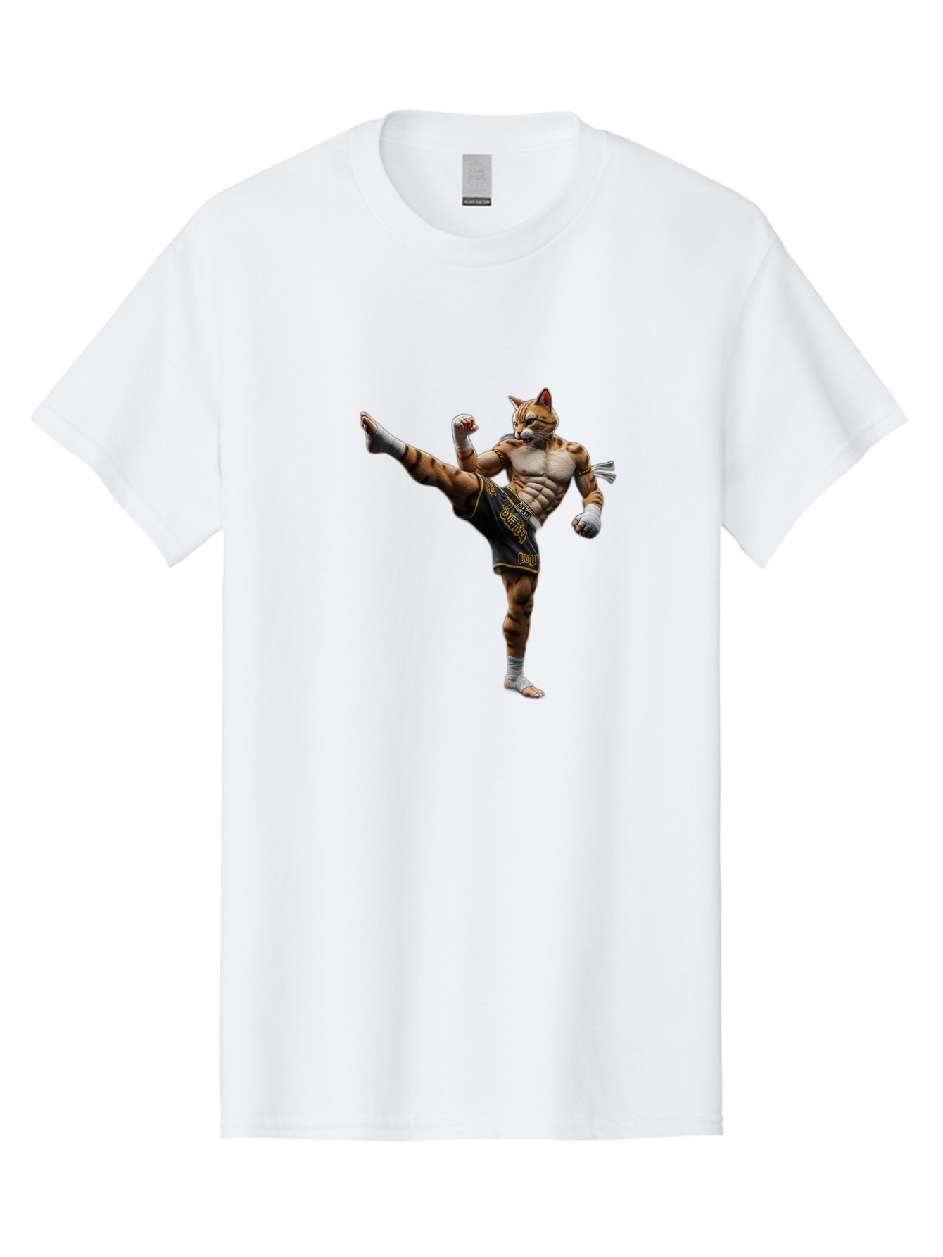 Muay-Thai-Tiger Men'S Graphic Tee, 100% Cotton, Comfortable Casual Summer Wear, Machine Washable, Cat Man In Kickboxing Pose, Muay Thai Fighter, Martial Arts, Kickboxing Stance, Action Figure, Cartoon Character, Humorous Illustration, Bae563