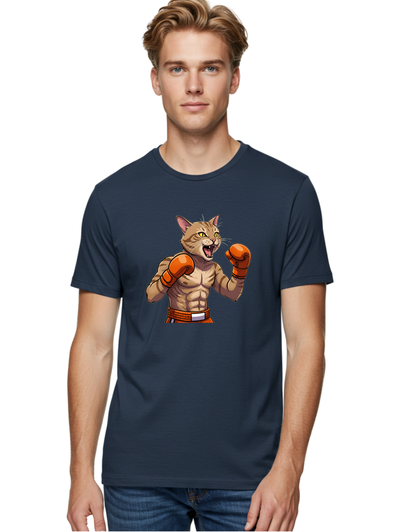 Muscle-Cat-Boxer Men'S Graphic Tee, 100% Cotton, Comfortable Casual Summer Wear, Machine Washable, Cartoon Muscular Cat, Boxing Gloves, Fierce Expression, Strong Physique, Funny Animal, Cartoon Character, Feline Boxer, Comic Art, Bae566