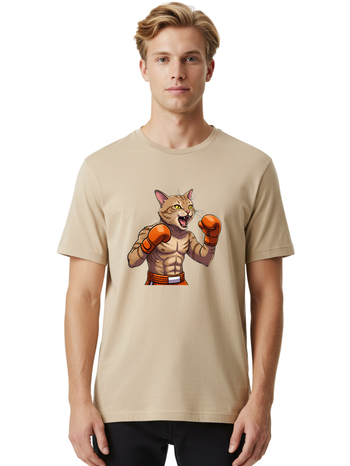 Muscle-Cat-Boxer Men'S Graphic Tee, 100% Cotton, Comfortable Casual Summer Wear, Machine Washable, Cartoon Muscular Cat, Boxing Gloves, Fierce Expression, Strong Physique, Funny Animal, Cartoon Character, Feline Boxer, Comic Art, Bae566