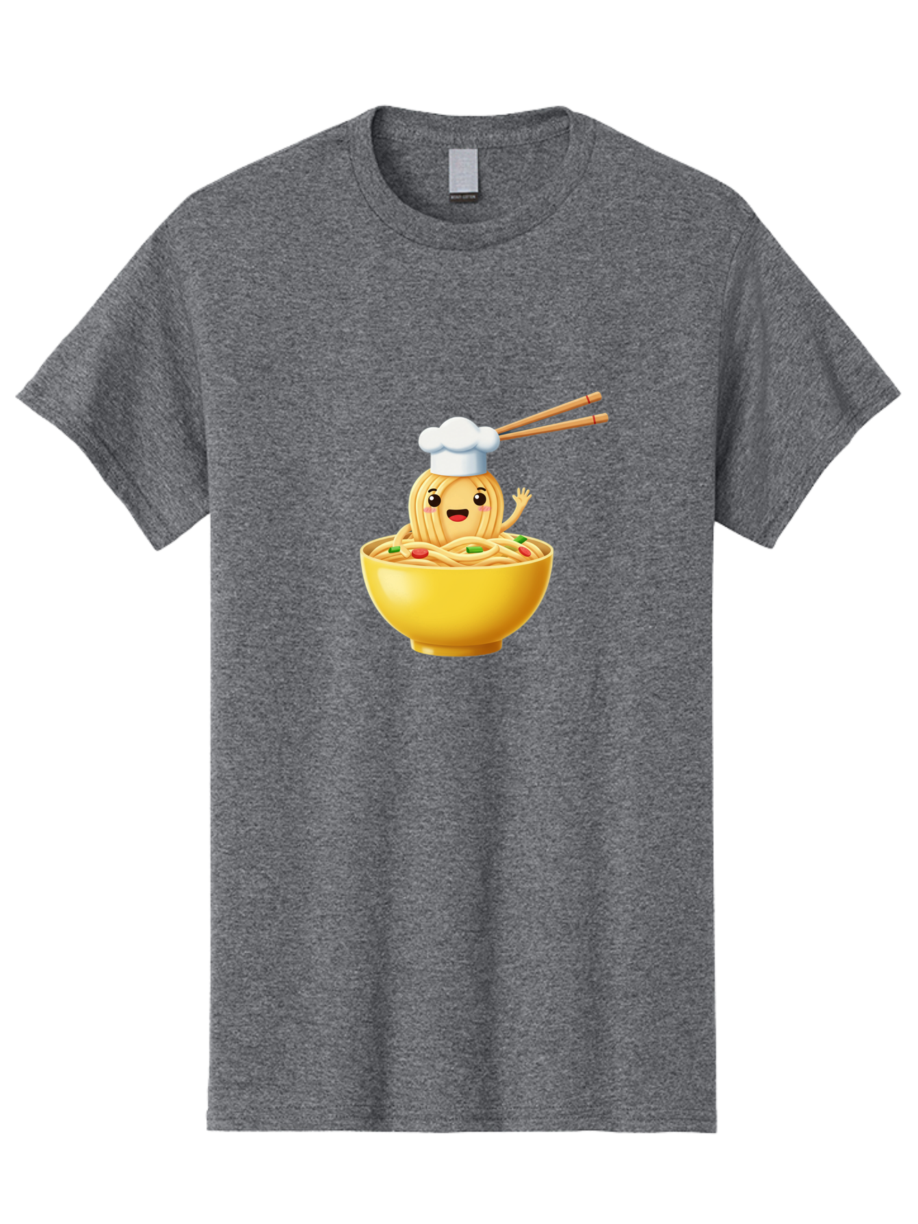 Noodle-Character-In-Yellow-Bowl Men'S Graphic Tee, 100% Cotton, Comfortable Casual Summer Wear, Machine Washable, Cartoon Noodles, Chef Hat, Chopsticks, Smiling Face, Waving Hand, Yellow Bowl, Green Peas, Red Peppers, Funny Character, Bae567
