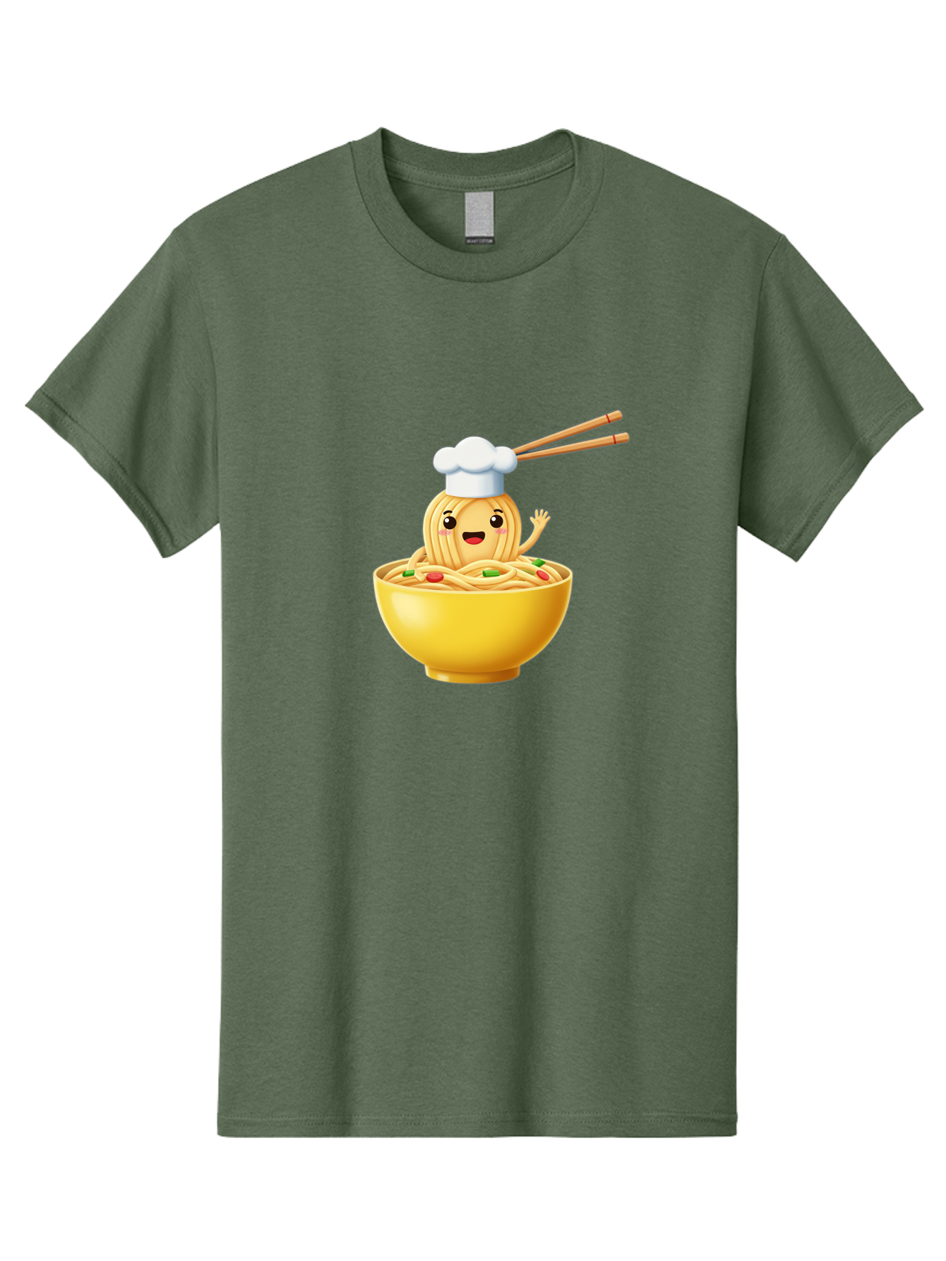 Noodle-Character-In-Yellow-Bowl Men'S Graphic Tee, 100% Cotton, Comfortable Casual Summer Wear, Machine Washable, Cartoon Noodles, Chef Hat, Chopsticks, Smiling Face, Waving Hand, Yellow Bowl, Green Peas, Red Peppers, Funny Character, Bae567