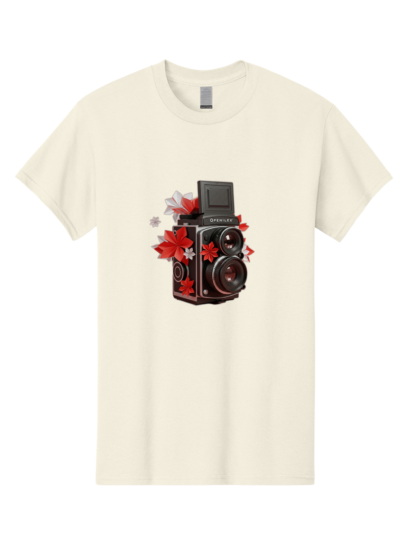 Openilex-Camera Men'S Graphic Tee, 100% Cotton, Comfortable Casual Summer Wear, Machine Washable, Vintage Camera, Retro Photography, Analog Camera, Floral Decorations, Red And White Flowers, Creative Photography, Artistic Expression, Bae572