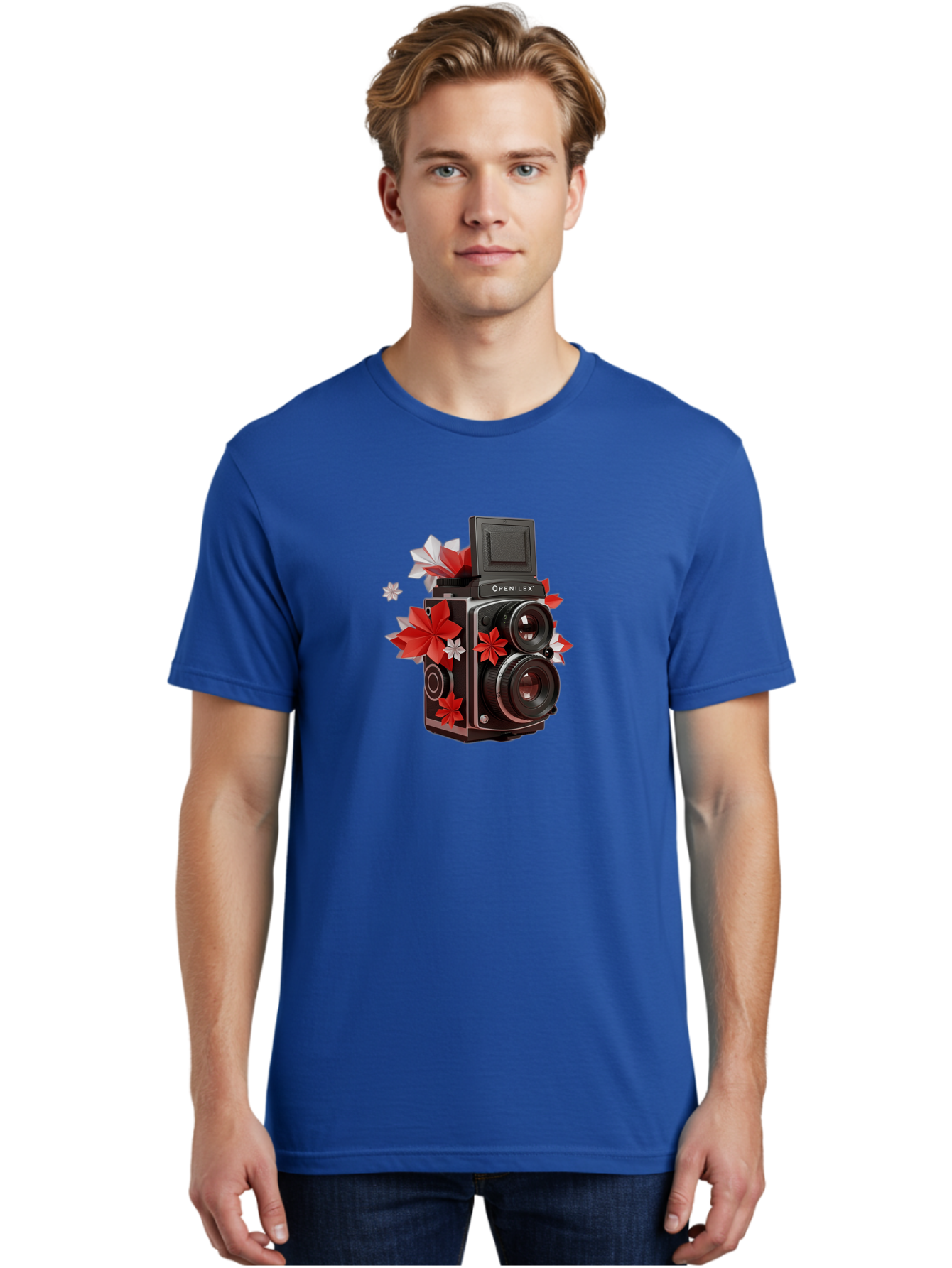 Openilex-Camera Men'S Graphic Tee, 100% Cotton, Comfortable Casual Summer Wear, Machine Washable, Vintage Camera, Retro Photography, Analog Camera, Floral Decorations, Red And White Flowers, Creative Photography, Artistic Expression, Bae572