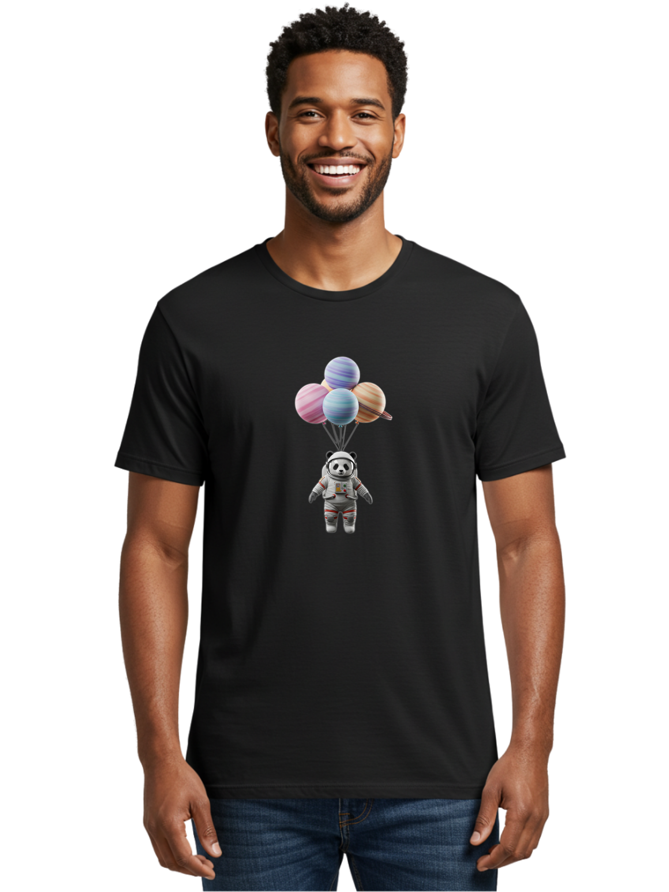 Panda-Astronaut Men'S Graphic Tee, 100% Cotton, Comfortable Casual Summer Wear, Machine Washable, Panda In Astronaut Suit, Floating In Space, Planet Balloons, 3D Illustration, Fantasy Scene, Colorful Art, Surrealism, Astronomy, Space Travel, Bae574