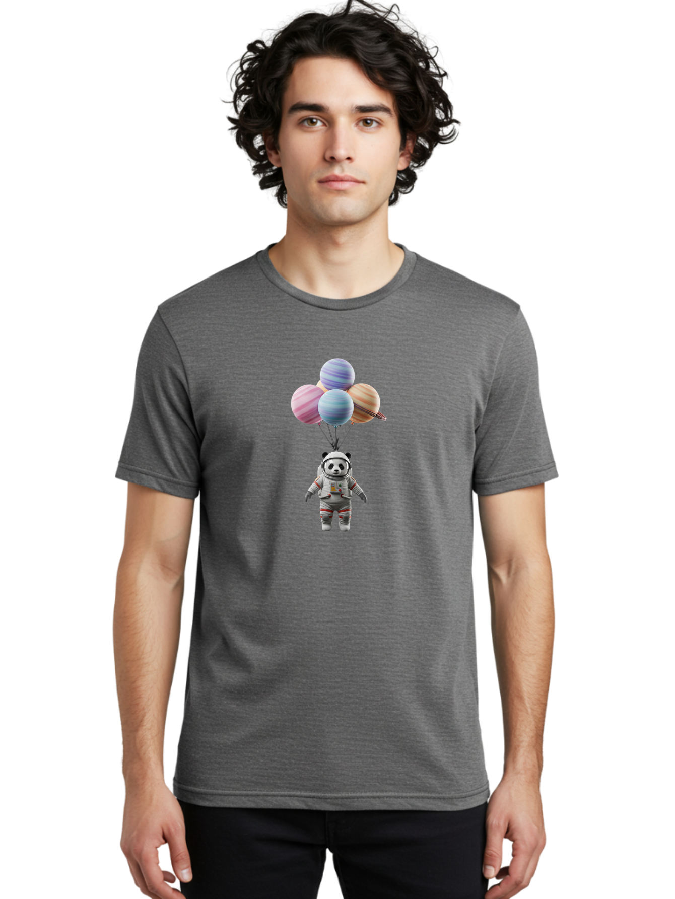 Panda-Astronaut Men'S Graphic Tee, 100% Cotton, Comfortable Casual Summer Wear, Machine Washable, Panda In Astronaut Suit, Floating In Space, Planet Balloons, 3D Illustration, Fantasy Scene, Colorful Art, Surrealism, Astronomy, Space Travel, Bae574