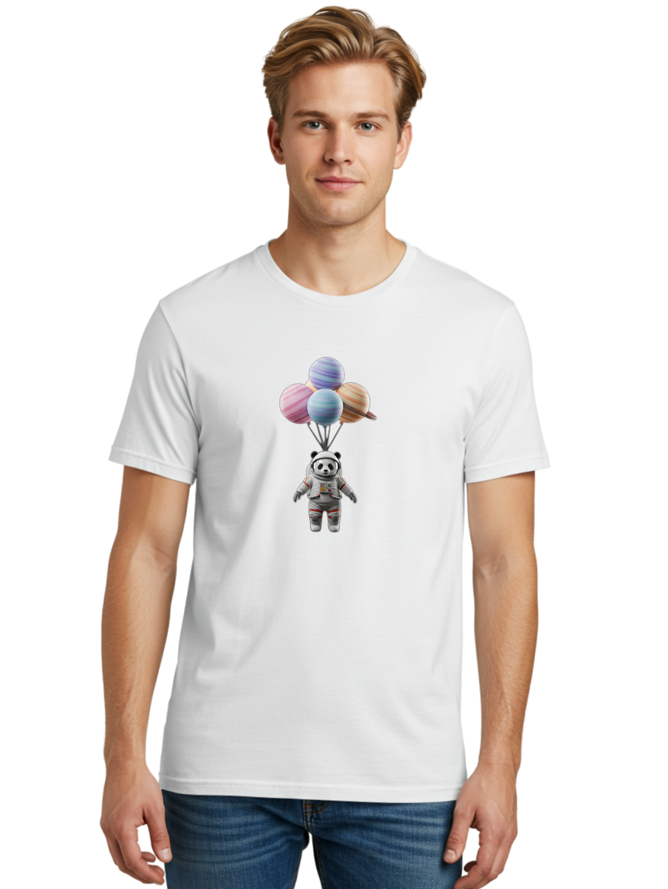 Panda-Astronaut Men'S Graphic Tee, 100% Cotton, Comfortable Casual Summer Wear, Machine Washable, Panda In Astronaut Suit, Floating In Space, Planet Balloons, 3D Illustration, Fantasy Scene, Colorful Art, Surrealism, Astronomy, Space Travel, Bae574