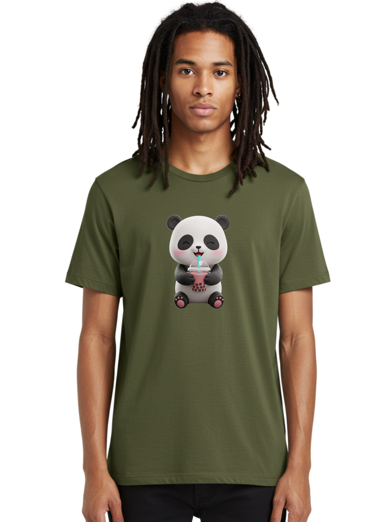 Panda-Drinking-Boba-1 Men'S Graphic Tee, 100% Cotton, Comfortable Casual Summer Wear, Machine Washable, Cartoon Panda, Boba Tea, Pink Drink, Blue Straw, Happy Panda, Kawaii Character, Adorable Bear, Cute Animal, Tea Time, Boba Lover Bae575