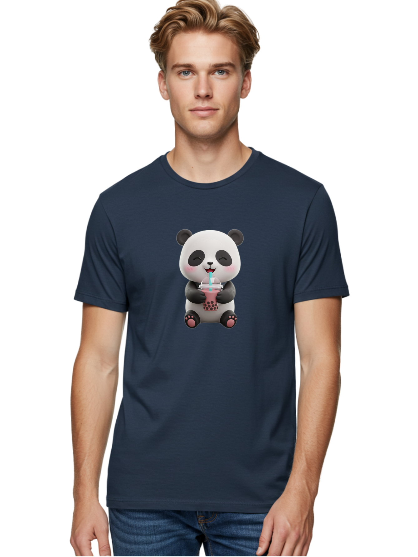 Panda-Drinking-Boba-1 Men'S Graphic Tee, 100% Cotton, Comfortable Casual Summer Wear, Machine Washable, Cartoon Panda, Boba Tea, Pink Drink, Blue Straw, Happy Panda, Kawaii Character, Adorable Bear, Cute Animal, Tea Time, Boba Lover Bae575