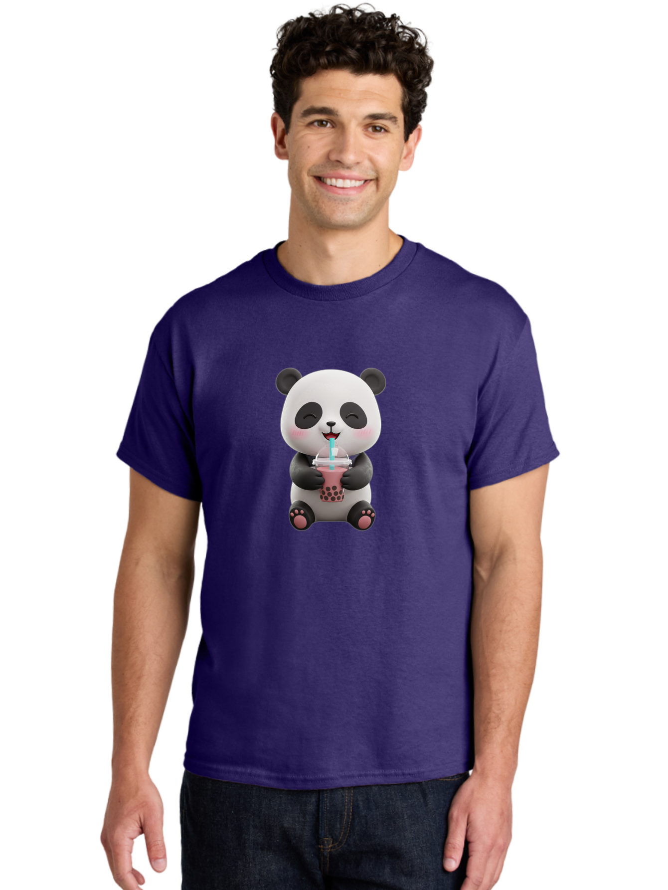 Panda-Drinking-Boba-1 Men'S Graphic Tee, 100% Cotton, Comfortable Casual Summer Wear, Machine Washable, Cartoon Panda, Boba Tea, Pink Drink, Blue Straw, Happy Panda, Kawaii Character, Adorable Bear, Cute Animal, Tea Time, Boba Lover Bae575