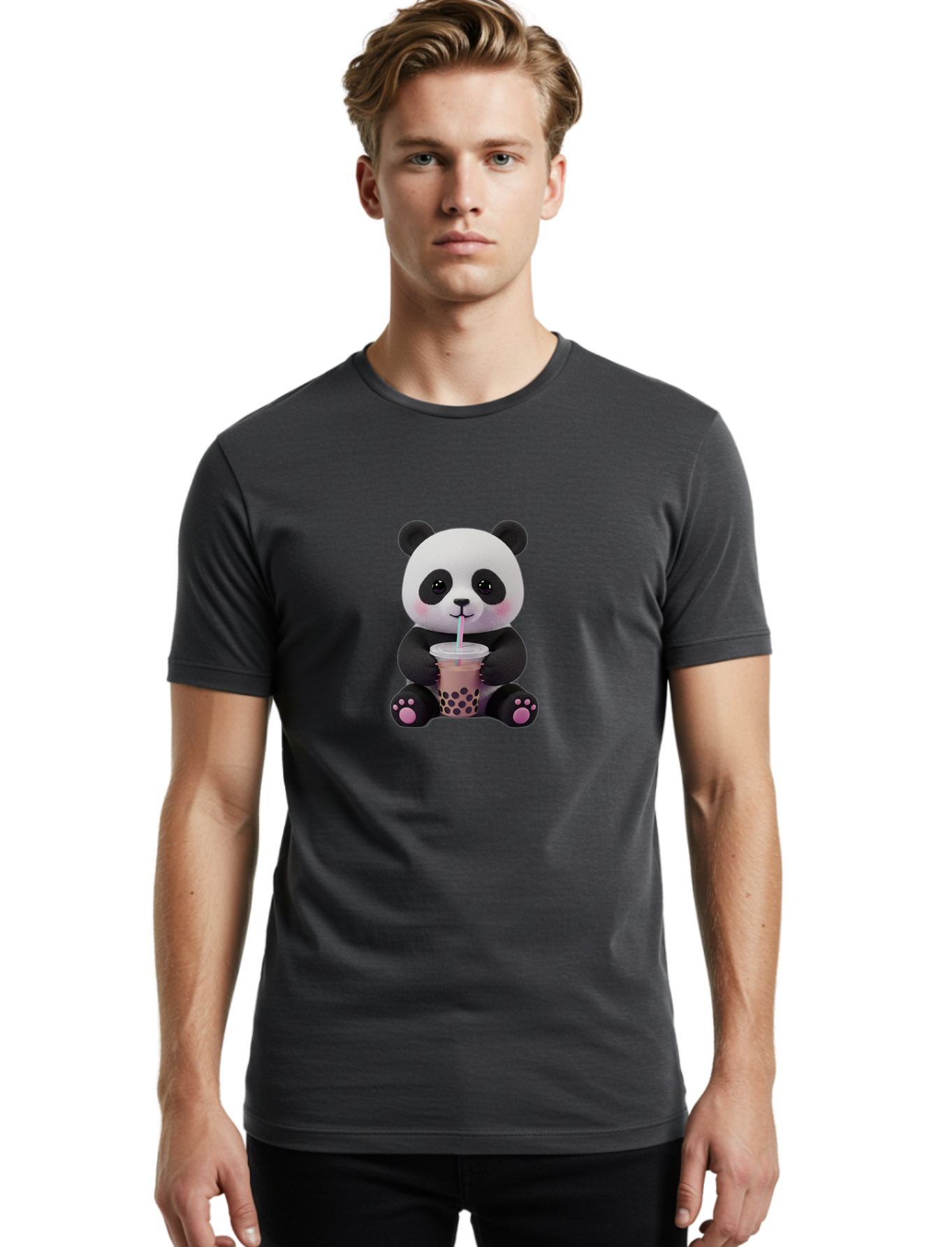 Panda-Drinking-Boba-2 Men'S Graphic Tee, 100% Cotton, Comfortable Casual Summer Wear, Machine Washable, Panda With Boba Tea, Cute Panda, Boba Drink, Bubble Tea, Cute Animal, Kawaii Culture, Cartoon Character, Boba Lover Bae576