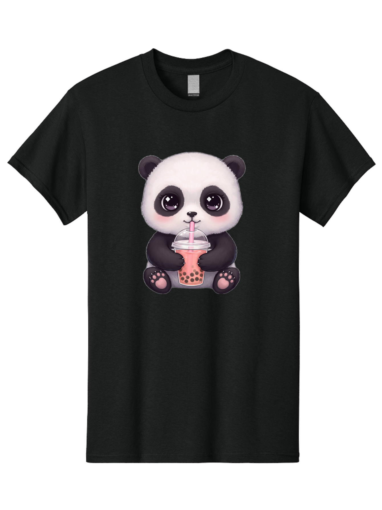 Panda-Drinking-Boba Men'S Graphic Tee, 100% Cotton, Comfortable Casual Summer Wear, Machine Washable, Kawaii Panda, Adorable Cartoon, Bubble Tea, Boba Drink, Pink Straw, Cute Illustration, Digital Art, Panda Bear, Drinking Tea, Bae577