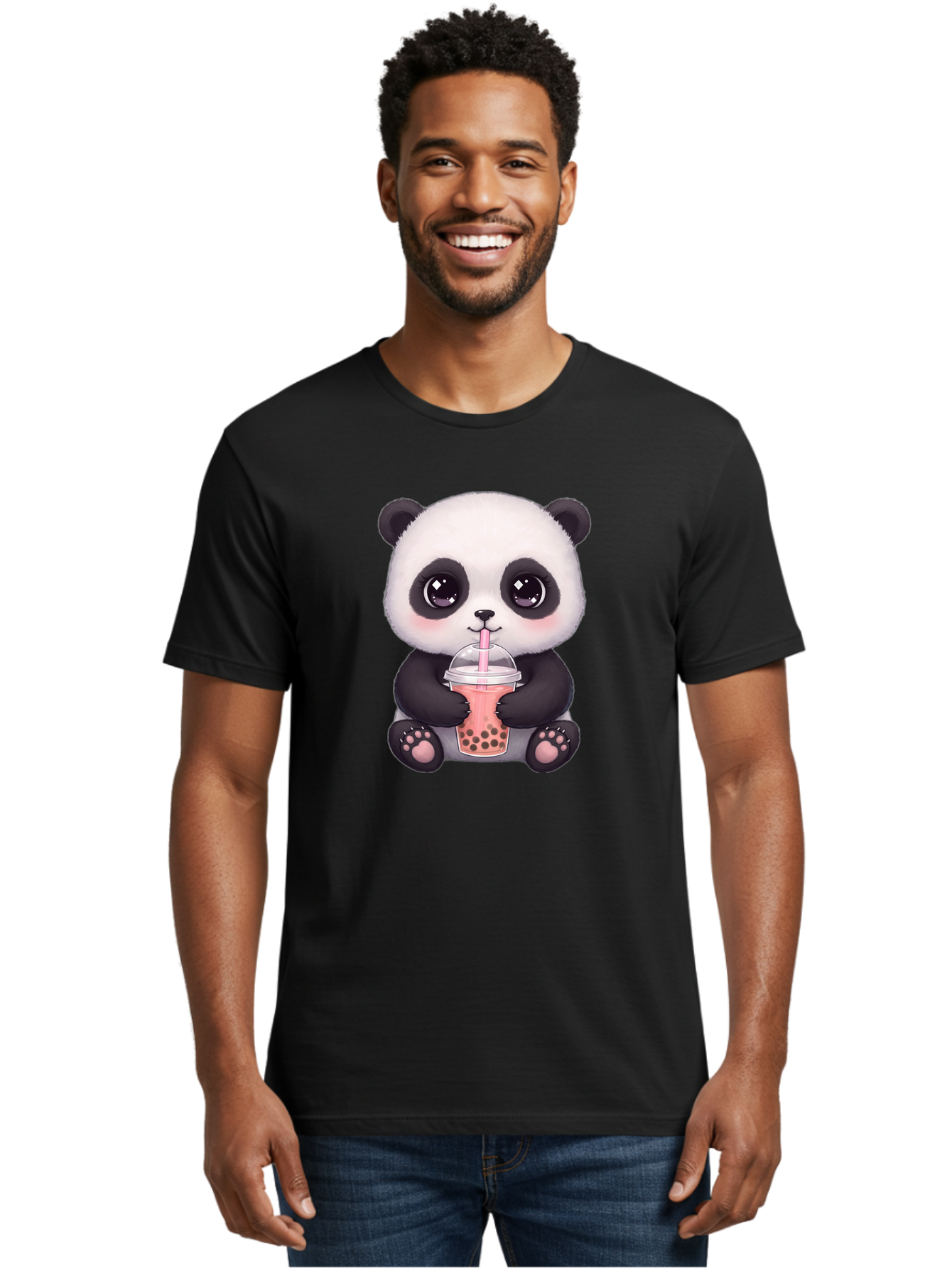 Panda-Drinking-Boba Men'S Graphic Tee, 100% Cotton, Comfortable Casual Summer Wear, Machine Washable, Kawaii Panda, Adorable Cartoon, Bubble Tea, Boba Drink, Pink Straw, Cute Illustration, Digital Art, Panda Bear, Drinking Tea, Bae577
