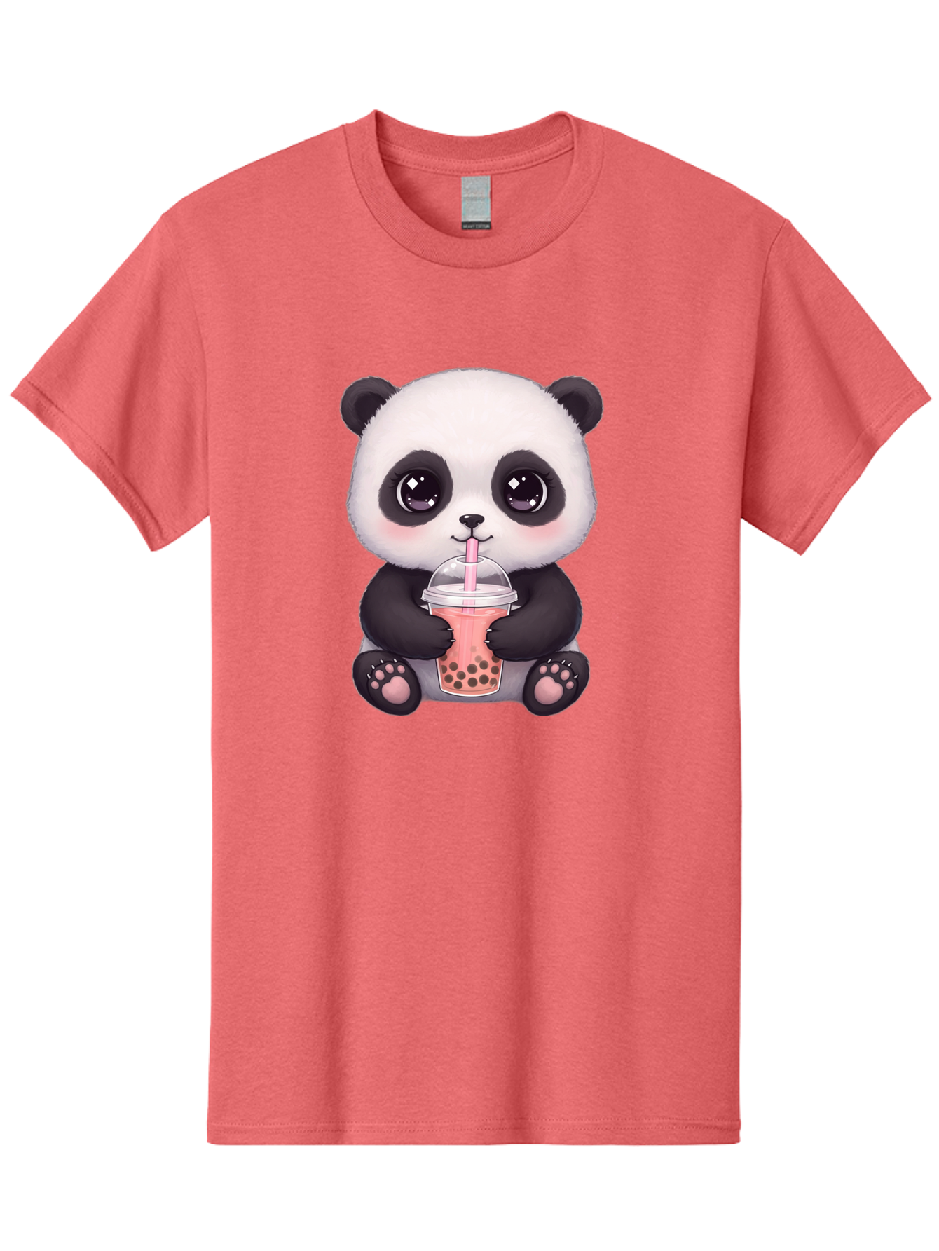Panda-Drinking-Boba Men'S Graphic Tee, 100% Cotton, Comfortable Casual Summer Wear, Machine Washable, Kawaii Panda, Adorable Cartoon, Bubble Tea, Boba Drink, Pink Straw, Cute Illustration, Digital Art, Panda Bear, Drinking Tea, Bae577