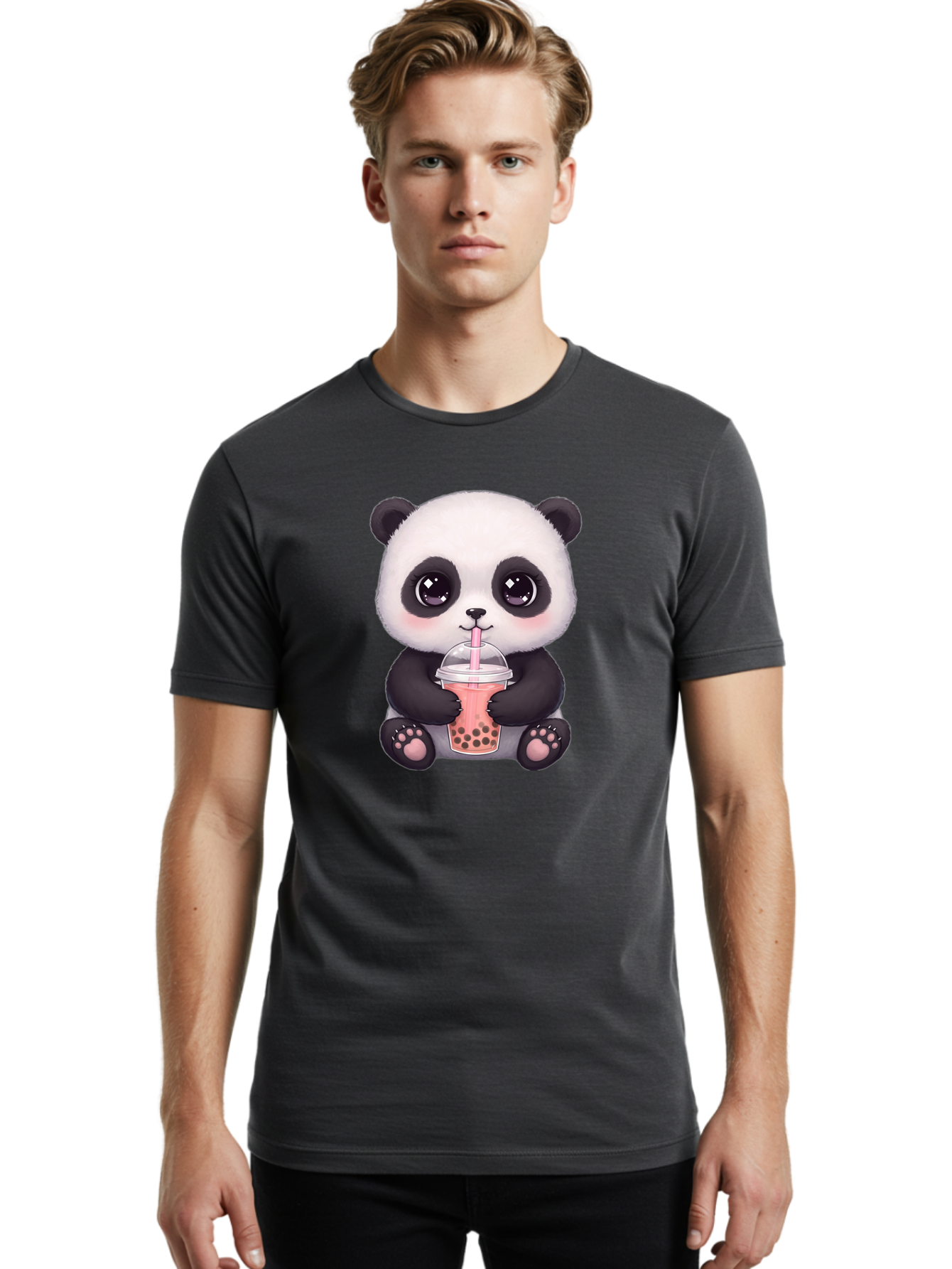 Panda-Drinking-Boba Men'S Graphic Tee, 100% Cotton, Comfortable Casual Summer Wear, Machine Washable, Kawaii Panda, Adorable Cartoon, Bubble Tea, Boba Drink, Pink Straw, Cute Illustration, Digital Art, Panda Bear, Drinking Tea, Bae577