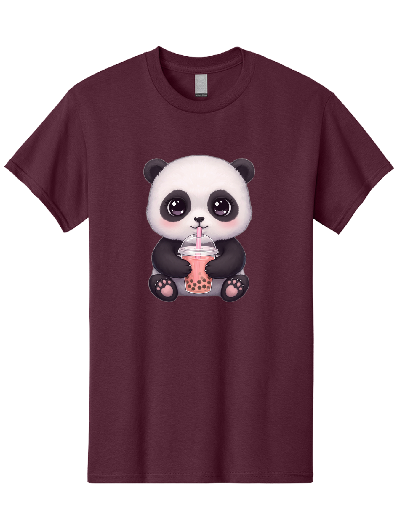 Panda-Drinking-Boba Men'S Graphic Tee, 100% Cotton, Comfortable Casual Summer Wear, Machine Washable, Kawaii Panda, Adorable Cartoon, Bubble Tea, Boba Drink, Pink Straw, Cute Illustration, Digital Art, Panda Bear, Drinking Tea, Bae577