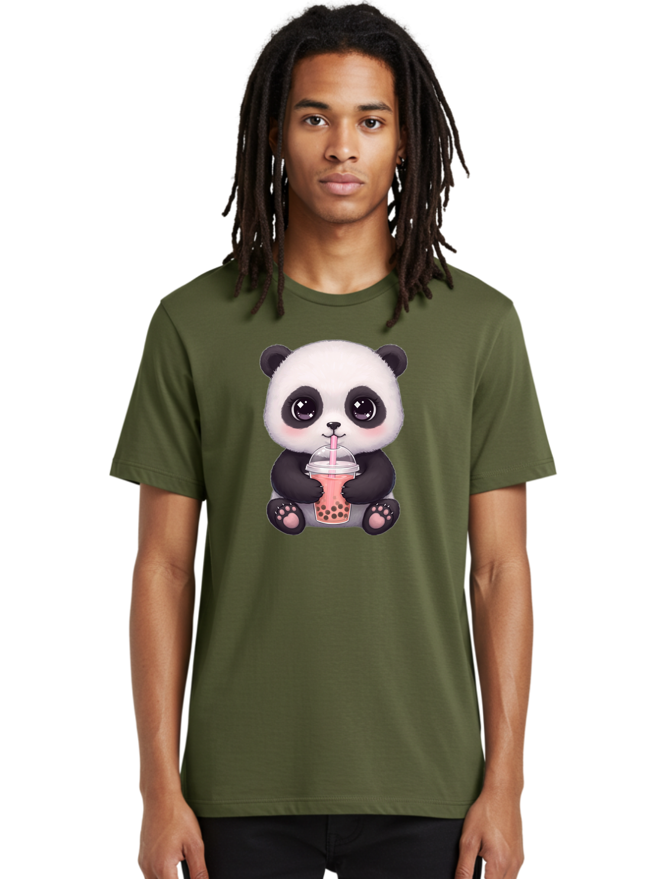 Panda-Drinking-Boba Men'S Graphic Tee, 100% Cotton, Comfortable Casual Summer Wear, Machine Washable, Kawaii Panda, Adorable Cartoon, Bubble Tea, Boba Drink, Pink Straw, Cute Illustration, Digital Art, Panda Bear, Drinking Tea, Bae577