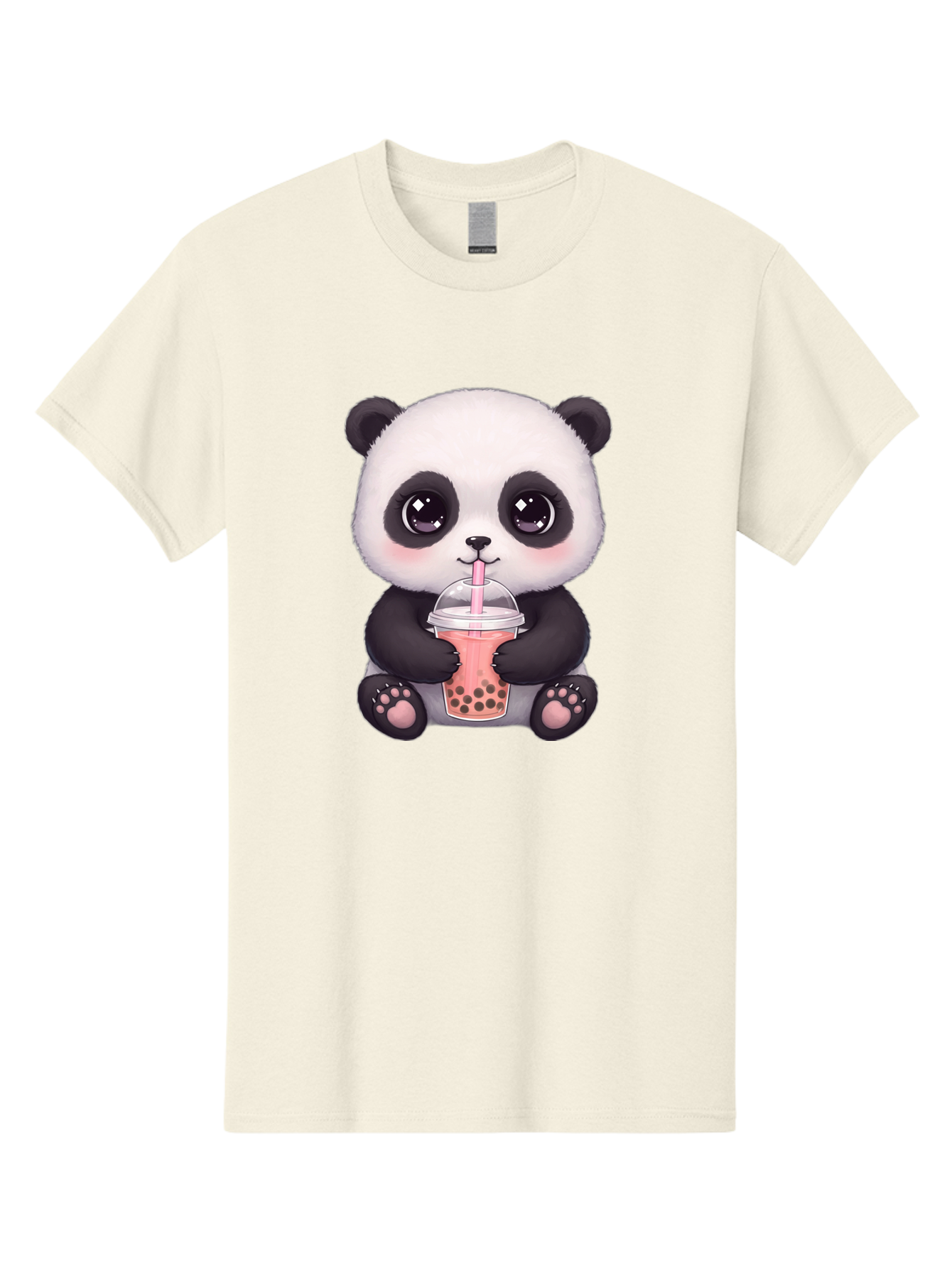 Panda-Drinking-Boba Men'S Graphic Tee, 100% Cotton, Comfortable Casual Summer Wear, Machine Washable, Kawaii Panda, Adorable Cartoon, Bubble Tea, Boba Drink, Pink Straw, Cute Illustration, Digital Art, Panda Bear, Drinking Tea, Bae577