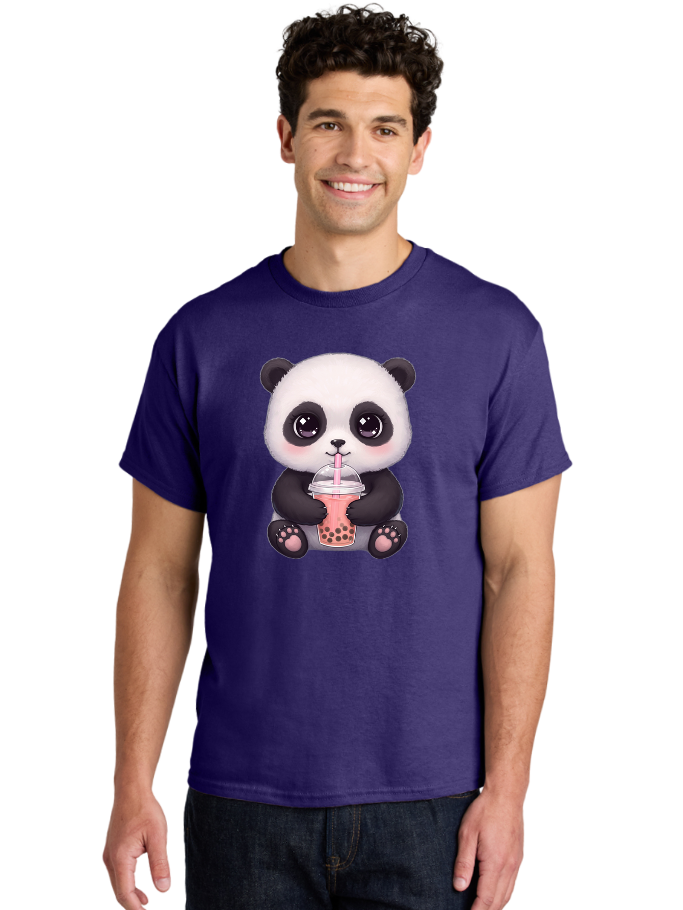 Panda-Drinking-Boba Men'S Graphic Tee, 100% Cotton, Comfortable Casual Summer Wear, Machine Washable, Kawaii Panda, Adorable Cartoon, Bubble Tea, Boba Drink, Pink Straw, Cute Illustration, Digital Art, Panda Bear, Drinking Tea, Bae577