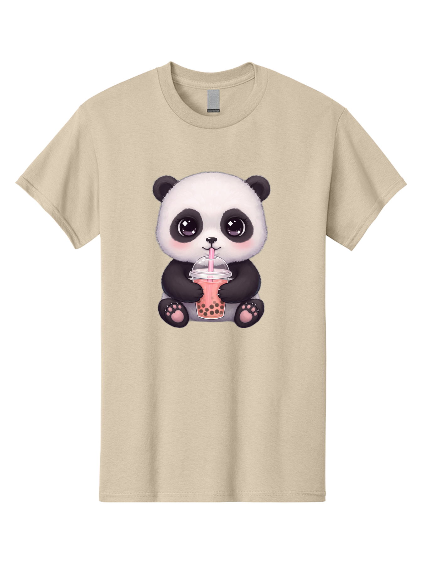 Panda-Drinking-Boba Men'S Graphic Tee, 100% Cotton, Comfortable Casual Summer Wear, Machine Washable, Kawaii Panda, Adorable Cartoon, Bubble Tea, Boba Drink, Pink Straw, Cute Illustration, Digital Art, Panda Bear, Drinking Tea, Bae577