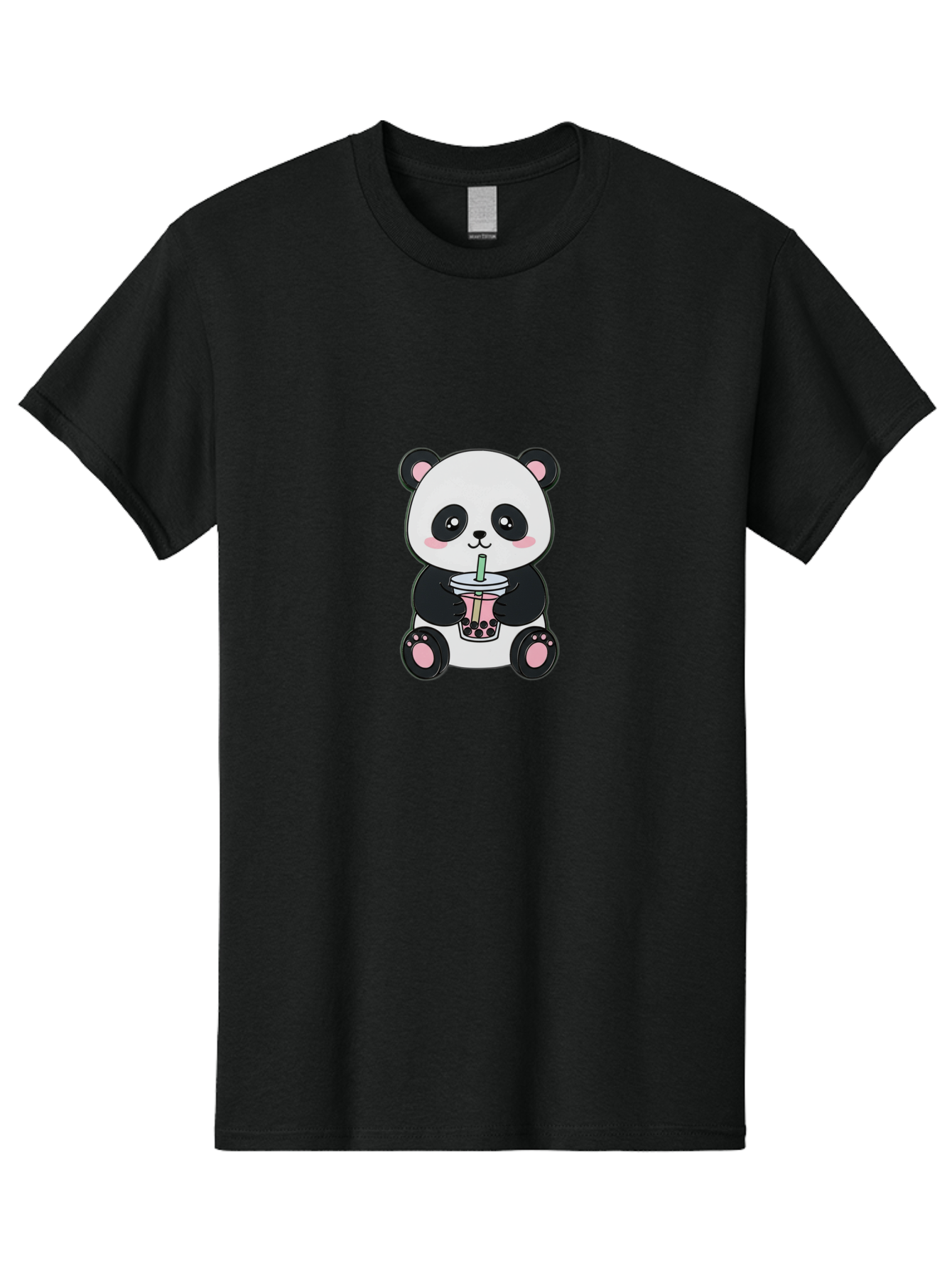 Panda-Drinking-Bubble-Tea-4 Men'S Graphic Tee, 100% Cotton, Comfortable Casual Summer Wear, Machine Washable, Cute Panda, Bubble Tea, Black And White Panda, Pink Accents, Adorable Cartoon Character, Boba Drink, Kawaii Illustration, Boba Tea, Bae581