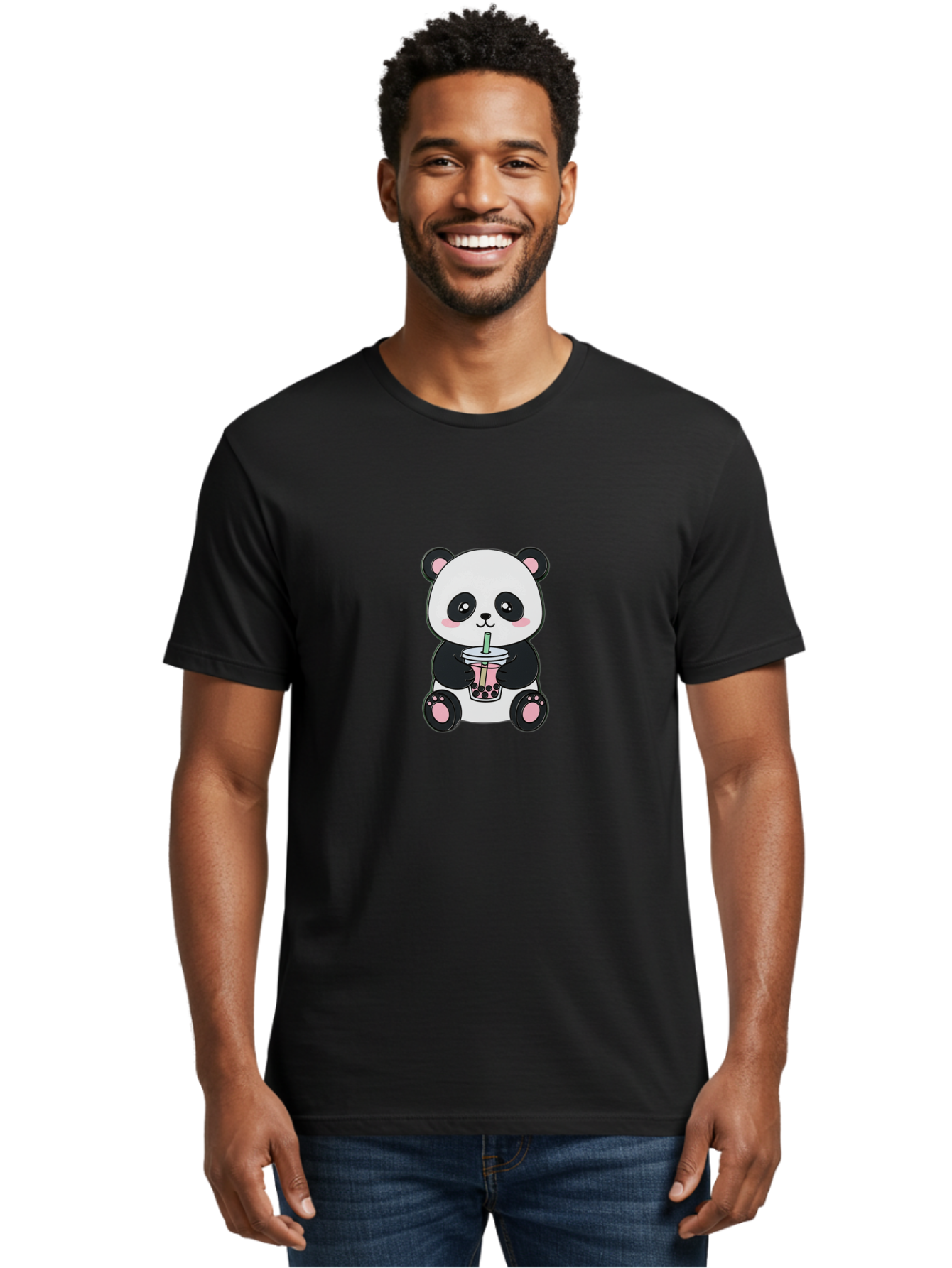 Panda-Drinking-Bubble-Tea-4 Men'S Graphic Tee, 100% Cotton, Comfortable Casual Summer Wear, Machine Washable, Cute Panda, Bubble Tea, Black And White Panda, Pink Accents, Adorable Cartoon Character, Boba Drink, Kawaii Illustration, Boba Tea, Bae581