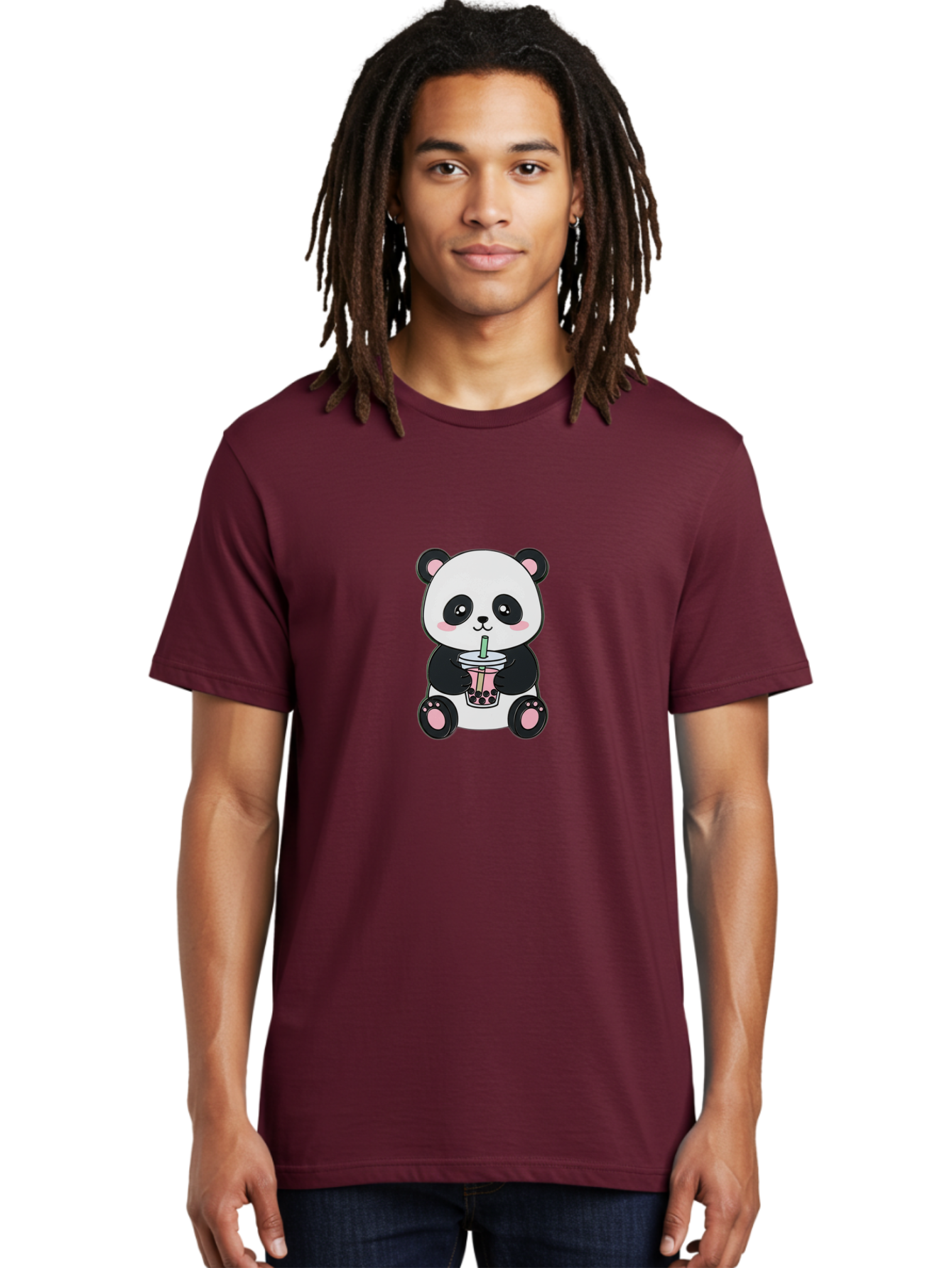 Panda-Drinking-Bubble-Tea-4 Men'S Graphic Tee, 100% Cotton, Comfortable Casual Summer Wear, Machine Washable, Cute Panda, Bubble Tea, Black And White Panda, Pink Accents, Adorable Cartoon Character, Boba Drink, Kawaii Illustration, Boba Tea, Bae581