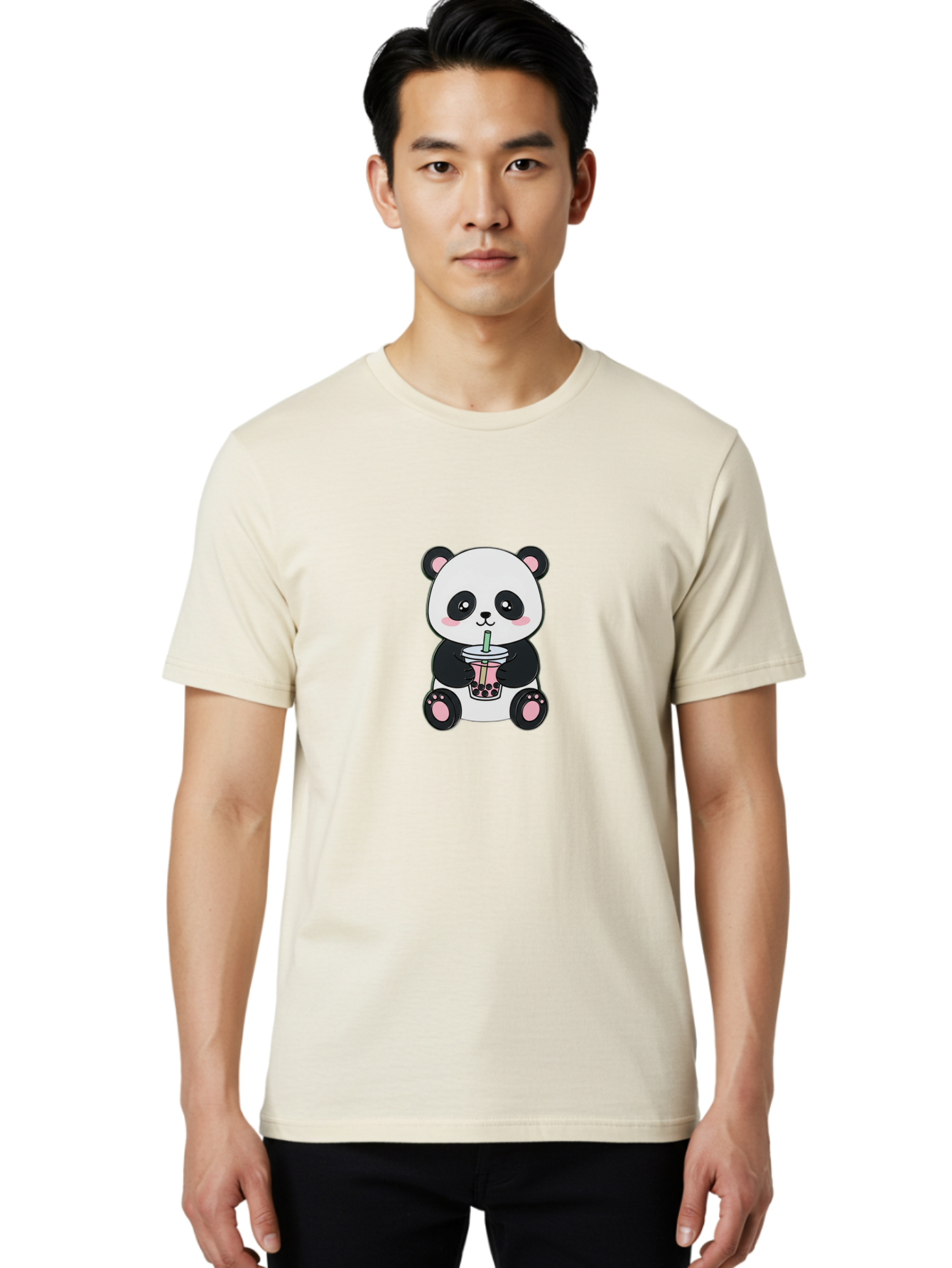Panda-Drinking-Bubble-Tea-4 Men'S Graphic Tee, 100% Cotton, Comfortable Casual Summer Wear, Machine Washable, Cute Panda, Bubble Tea, Black And White Panda, Pink Accents, Adorable Cartoon Character, Boba Drink, Kawaii Illustration, Boba Tea, Bae581