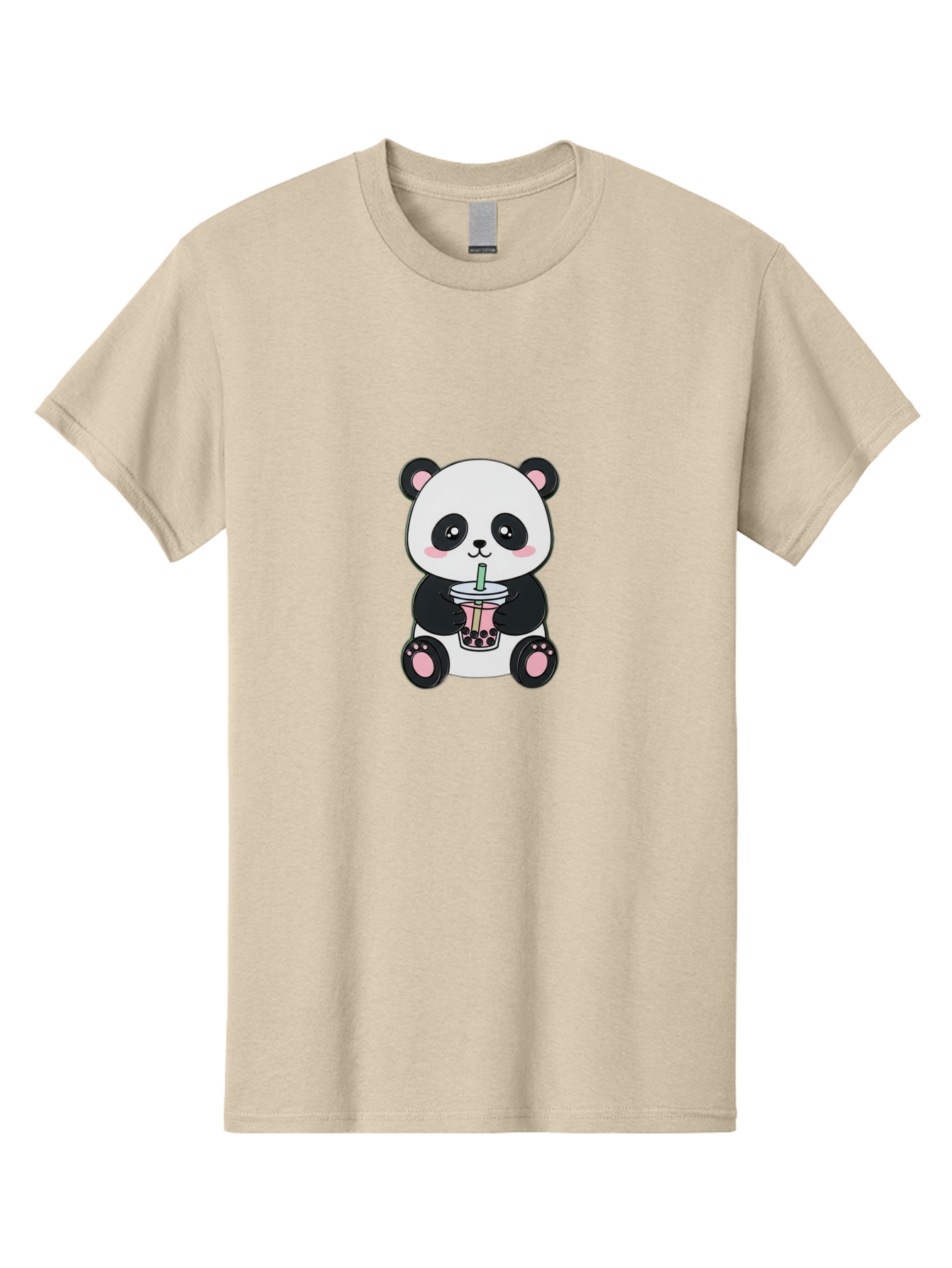 Panda-Drinking-Bubble-Tea-4 Men'S Graphic Tee, 100% Cotton, Comfortable Casual Summer Wear, Machine Washable, Cute Panda, Bubble Tea, Black And White Panda, Pink Accents, Adorable Cartoon Character, Boba Drink, Kawaii Illustration, Boba Tea, Bae581