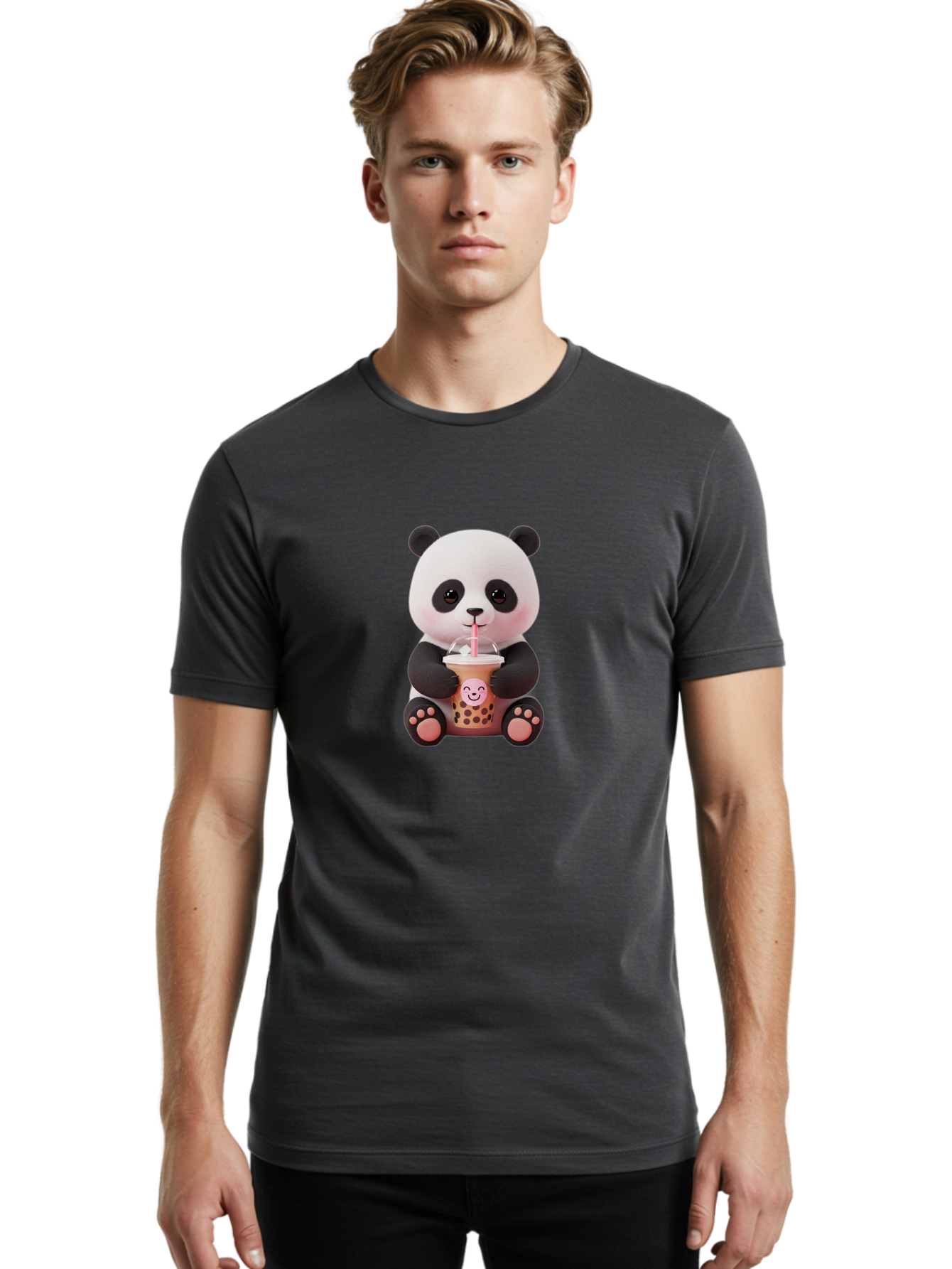 Panda-Drinking-Bubble-Tea-5 Men'S Graphic Tee, 100% Cotton, Comfortable Casual Summer Wear, Machine Washable, Cartoon Panda, Boba Tea, Bubble Tea, Adorable Animal, Kawaii Character, Milk Tea, Straw, Cute Design, Funny Illustration, Bae582