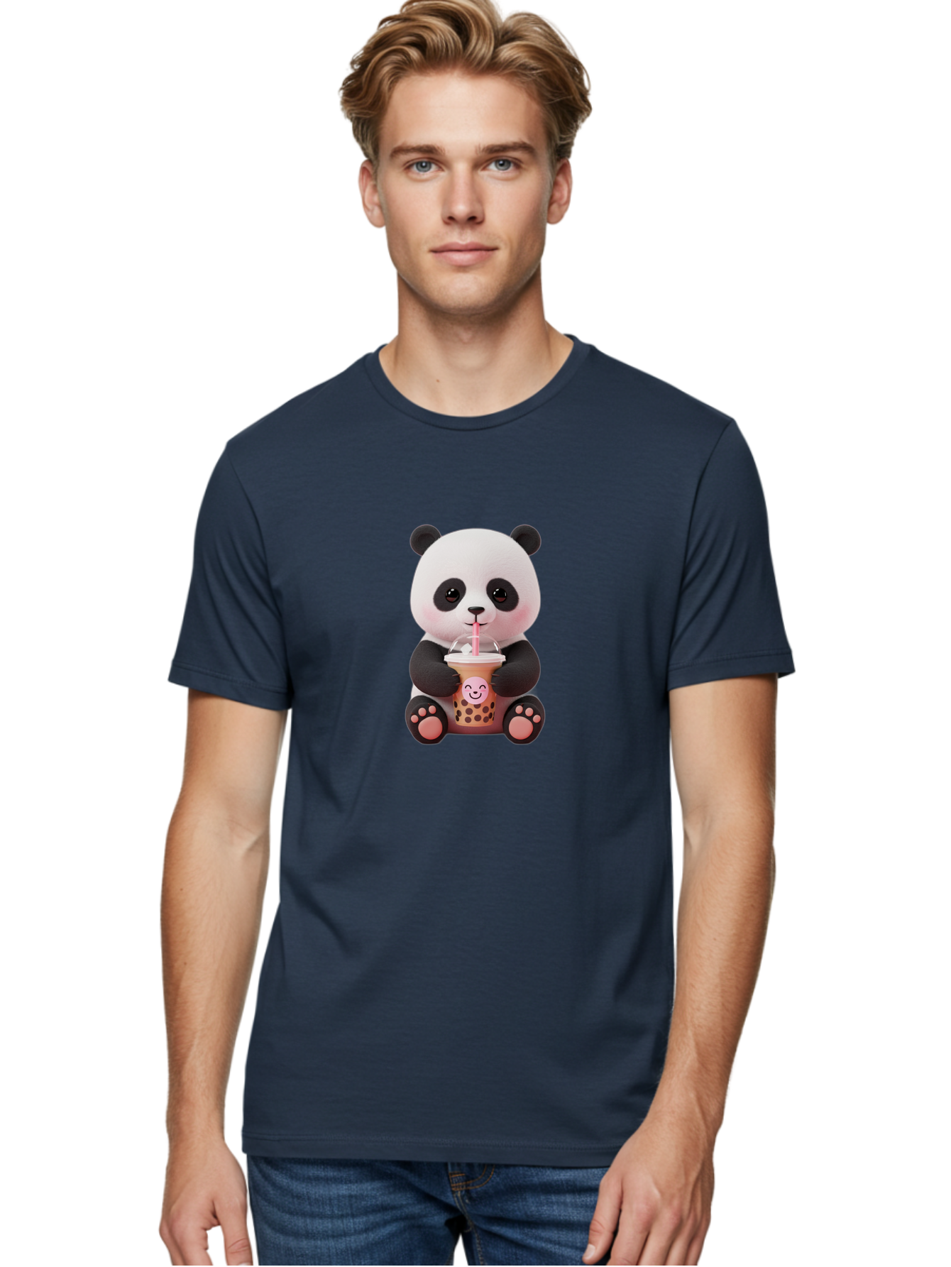 Panda-Drinking-Bubble-Tea-5 Men'S Graphic Tee, 100% Cotton, Comfortable Casual Summer Wear, Machine Washable, Cartoon Panda, Boba Tea, Bubble Tea, Adorable Animal, Kawaii Character, Milk Tea, Straw, Cute Design, Funny Illustration, Bae582