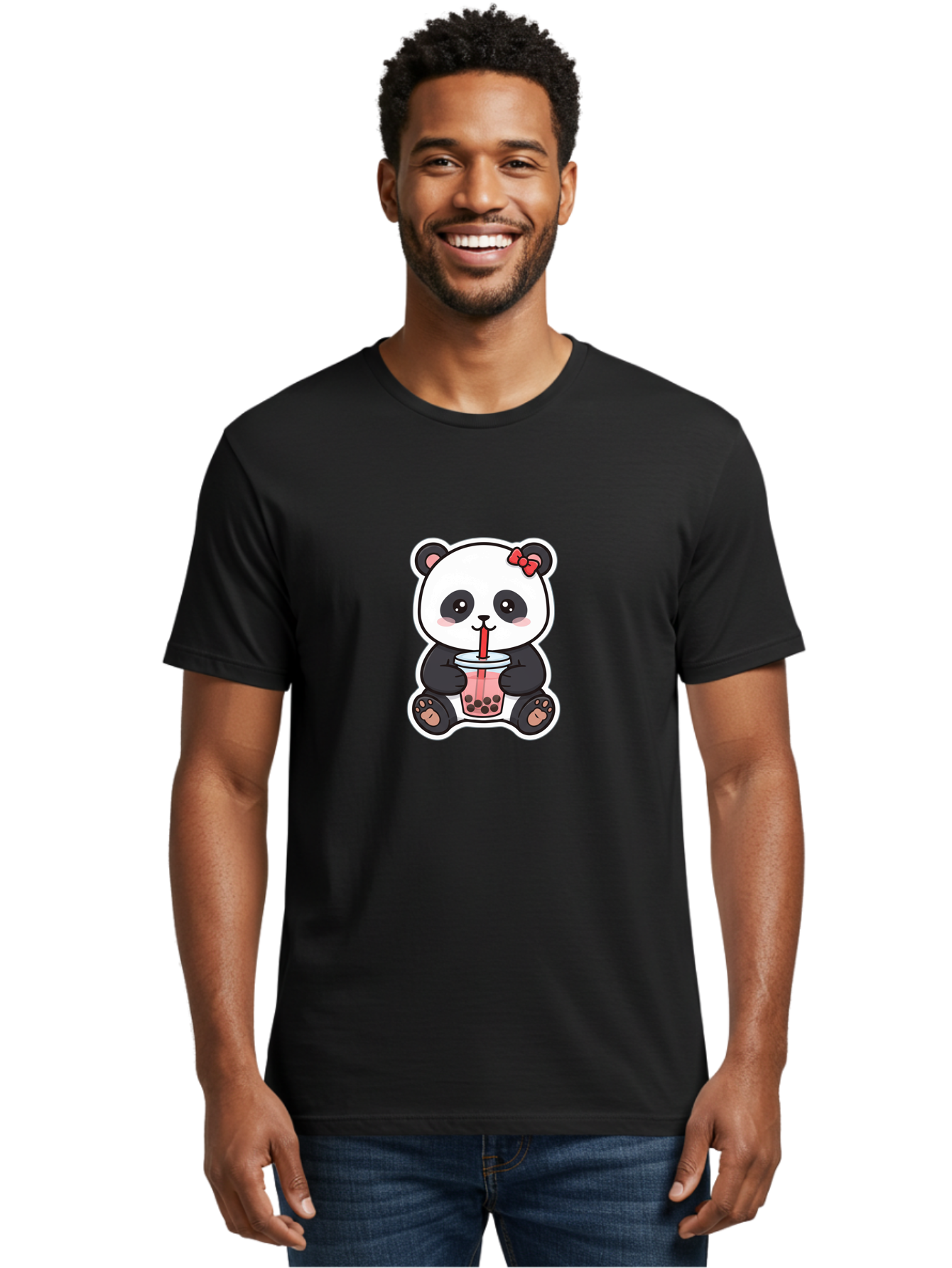 Panda-Drinking-Bubble-Tea Men'S Graphic Tee, 100% Cotton, Comfortable Casual Summer Wear, Machine Washable, Cute Panda, Boba Tea, Bubble Tea, Kawaii Character, Adorable Animal, Pink Drink, Red Straw, Boba Lover, Cartoon Style Bae583