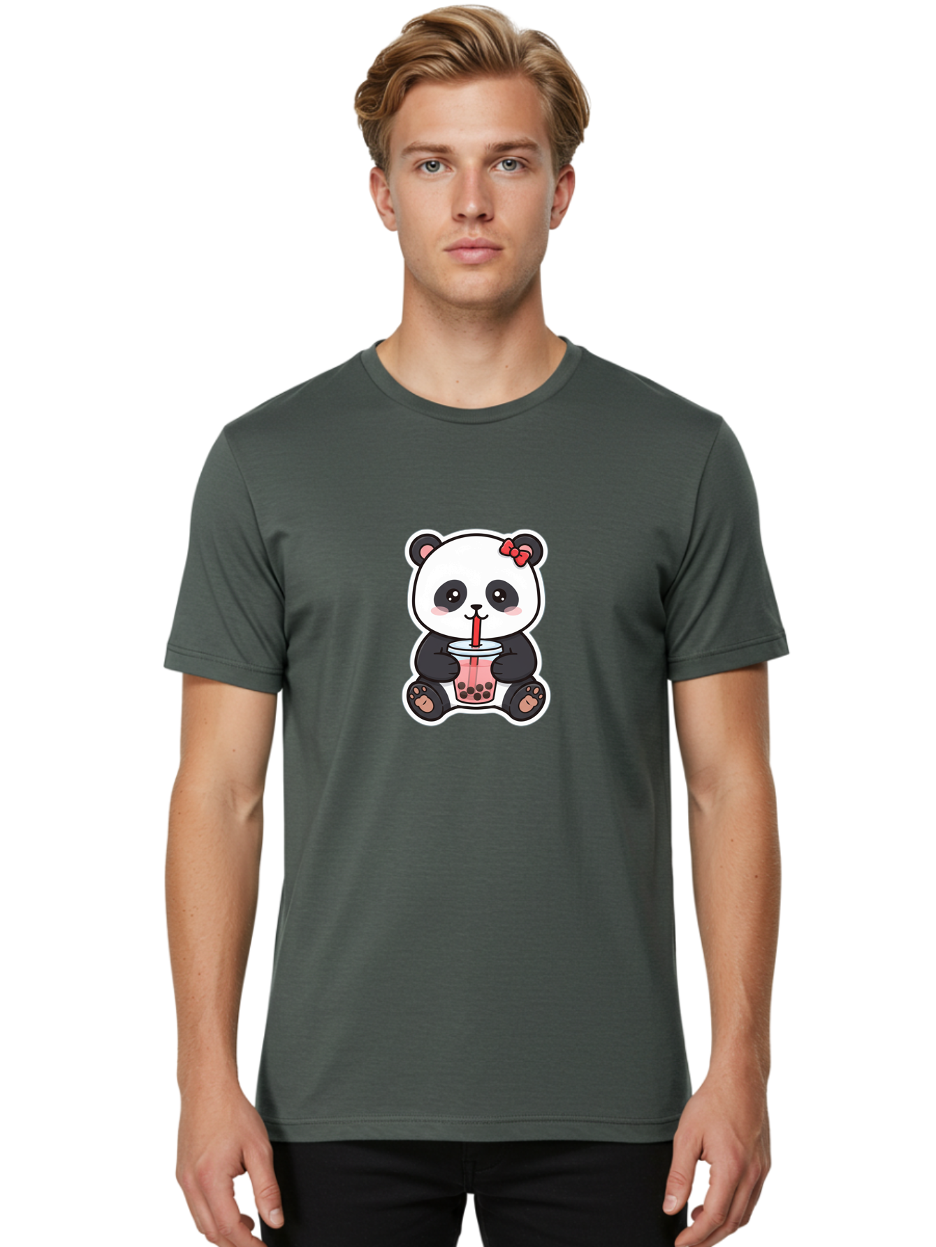 Panda-Drinking-Bubble-Tea Men'S Graphic Tee, 100% Cotton, Comfortable Casual Summer Wear, Machine Washable, Cute Panda, Boba Tea, Bubble Tea, Kawaii Character, Adorable Animal, Pink Drink, Red Straw, Boba Lover, Cartoon Style Bae583