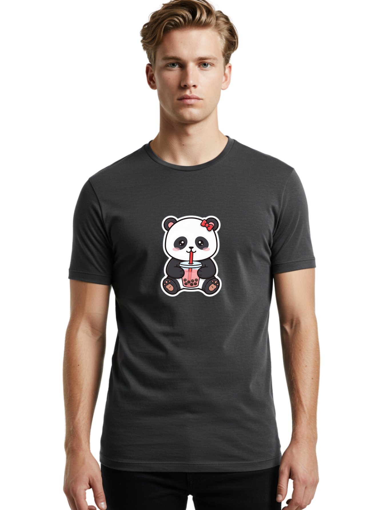 Panda-Drinking-Bubble-Tea Men'S Graphic Tee, 100% Cotton, Comfortable Casual Summer Wear, Machine Washable, Cute Panda, Boba Tea, Bubble Tea, Kawaii Character, Adorable Animal, Pink Drink, Red Straw, Boba Lover, Cartoon Style Bae583