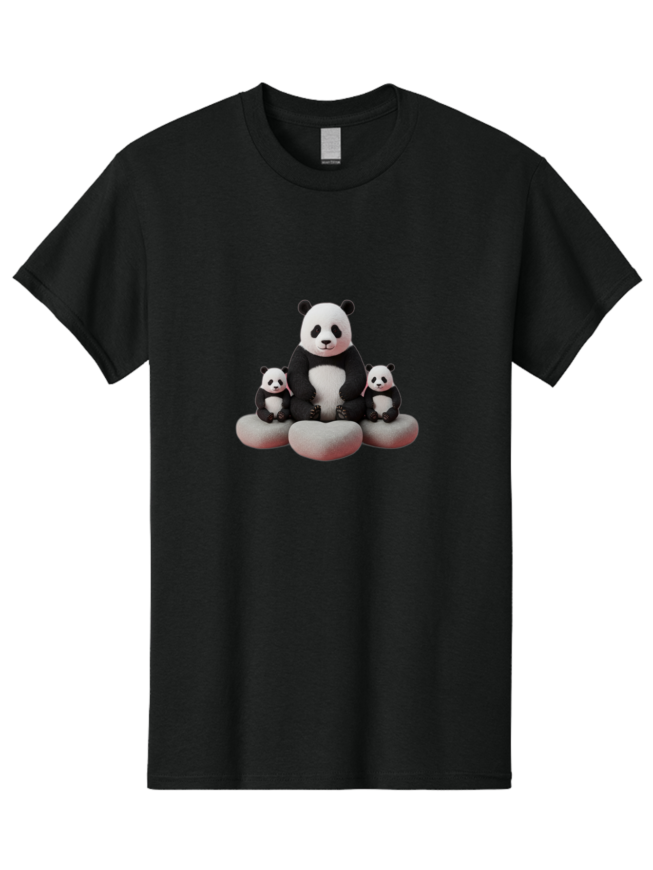 Panda-Family-1 Men'S Graphic Tee, 100% Cotton, Comfortable Casual Summer Wear, Machine Washable, Panda Bear, Panda Cubs, Family Portrait, Cute Animals, Adorable Creatures, Black And White Fur, Sitting On Rocks, Tender Moment, Bae586